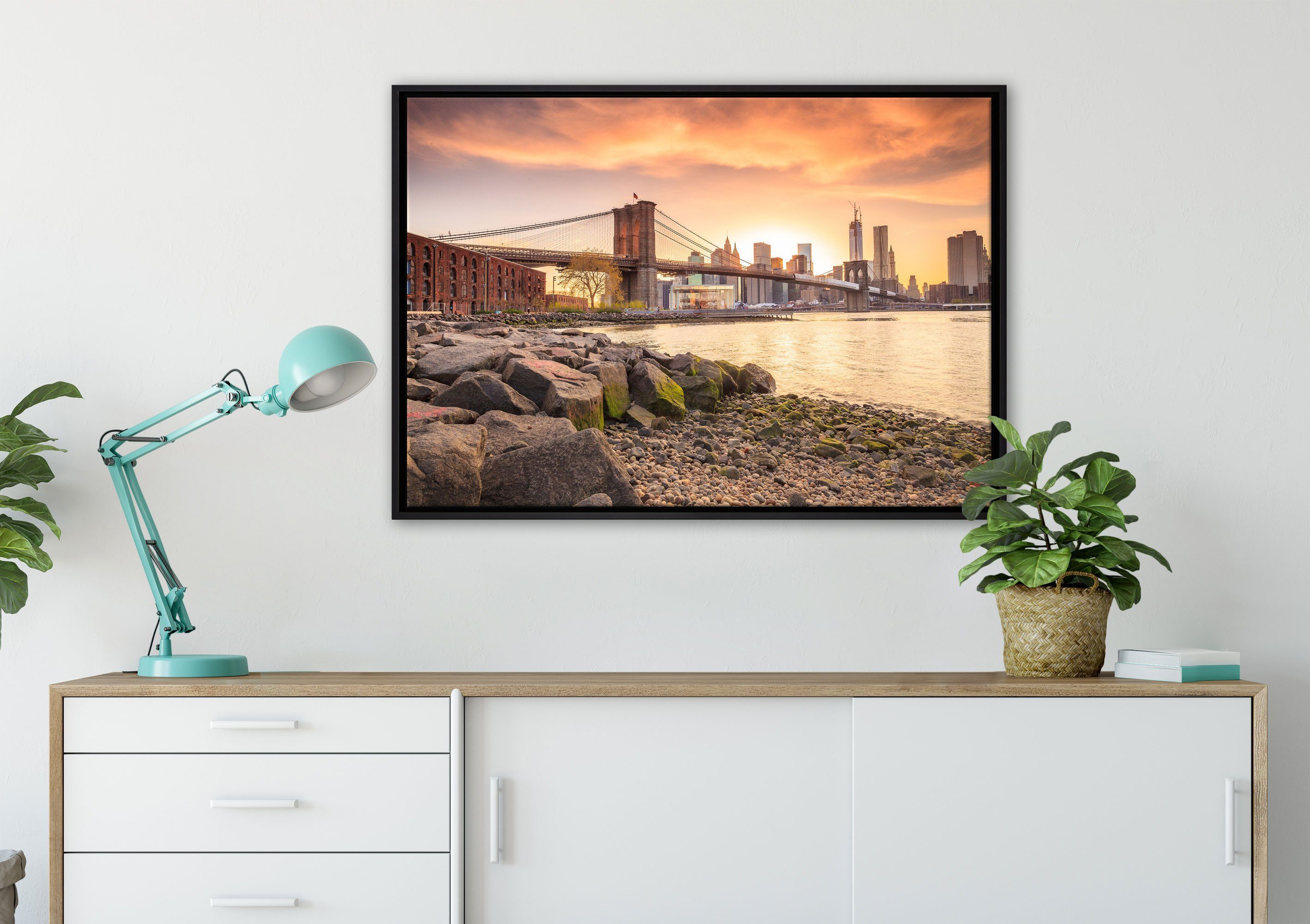 inkl. bespannt, in (1 Leinwandbild Wanddekoration Sonnenuntergang, einem Bridge gefasst, Leinwandbild St), Pixxprint fertig Brooklyn Zackenaufhänger Schattenfugen-Bilderrahmen