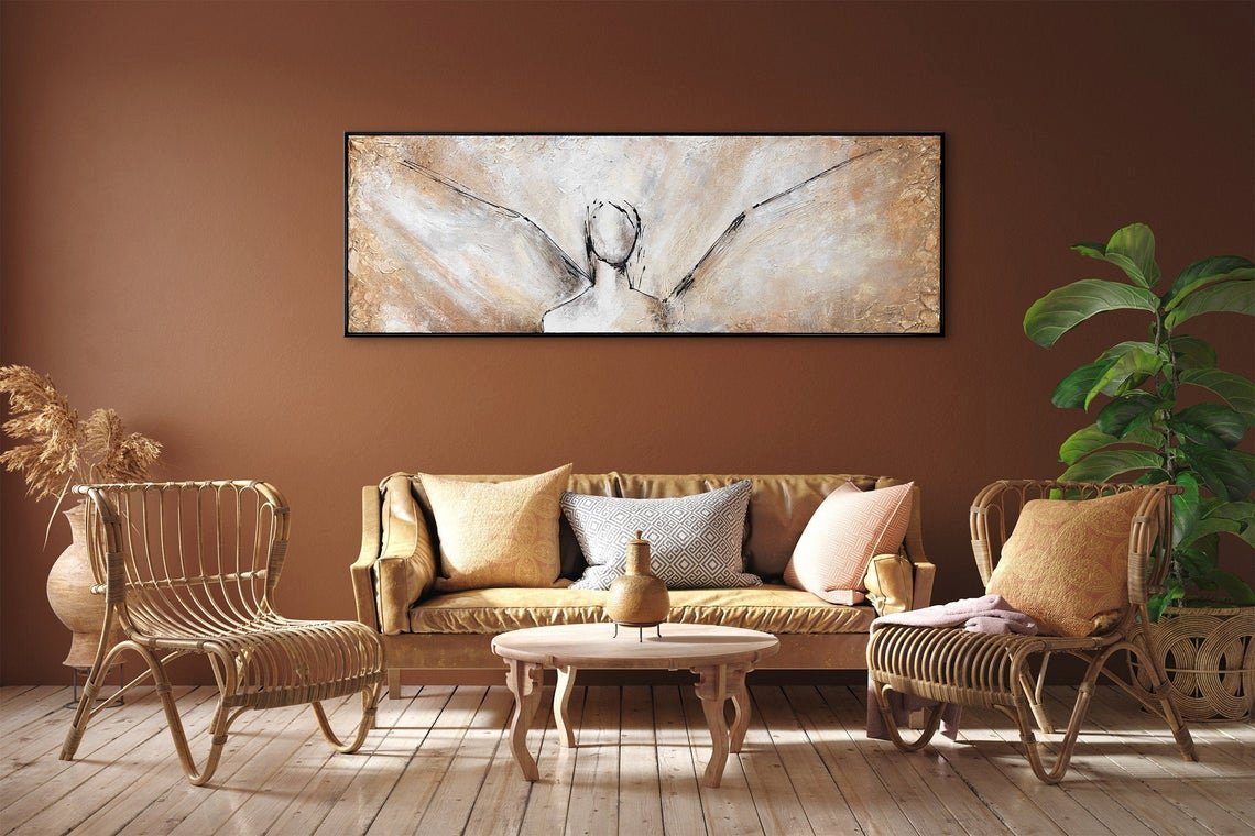YS-Art Gemälde Schönheit, Abstraktes Leinwand Braun Handgemalt in mit Bild Rahmen Engel