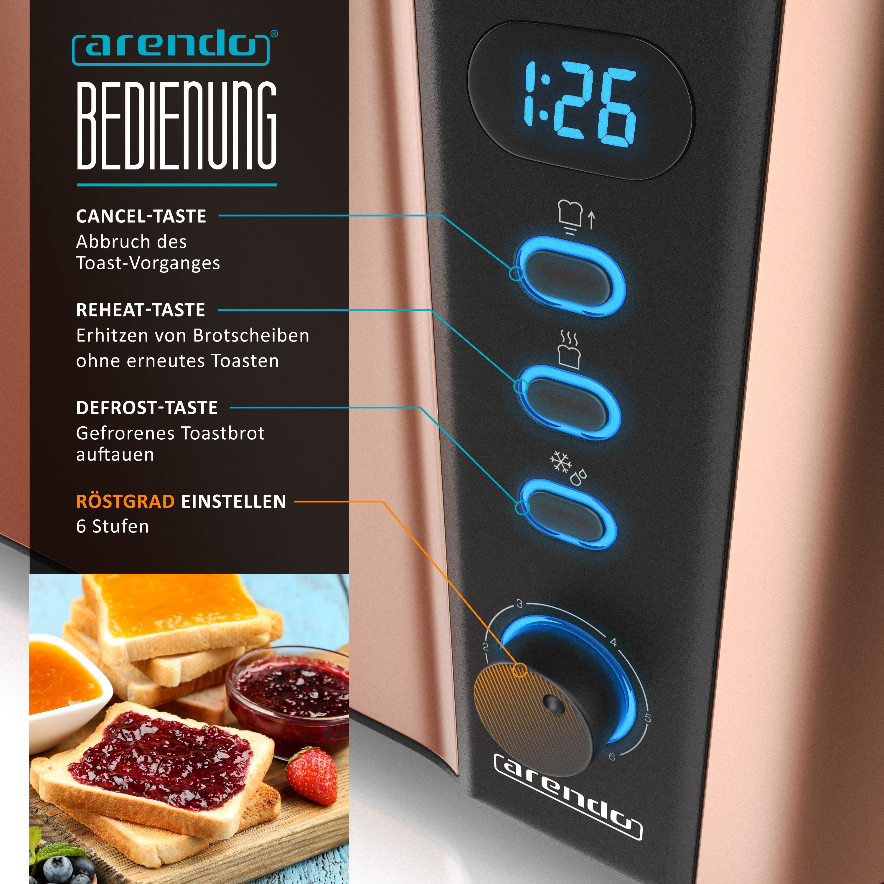 Arendo Toaster Edelstahl, Langschlitz, Display mit Restzeitanzeige, Krümelschublade, 2 lange Schlitze, für 4 Scheiben, 1500 W, Defrost Funktion, Wärmeisolierendes Gehäuse, mit Brötchenaufsatz