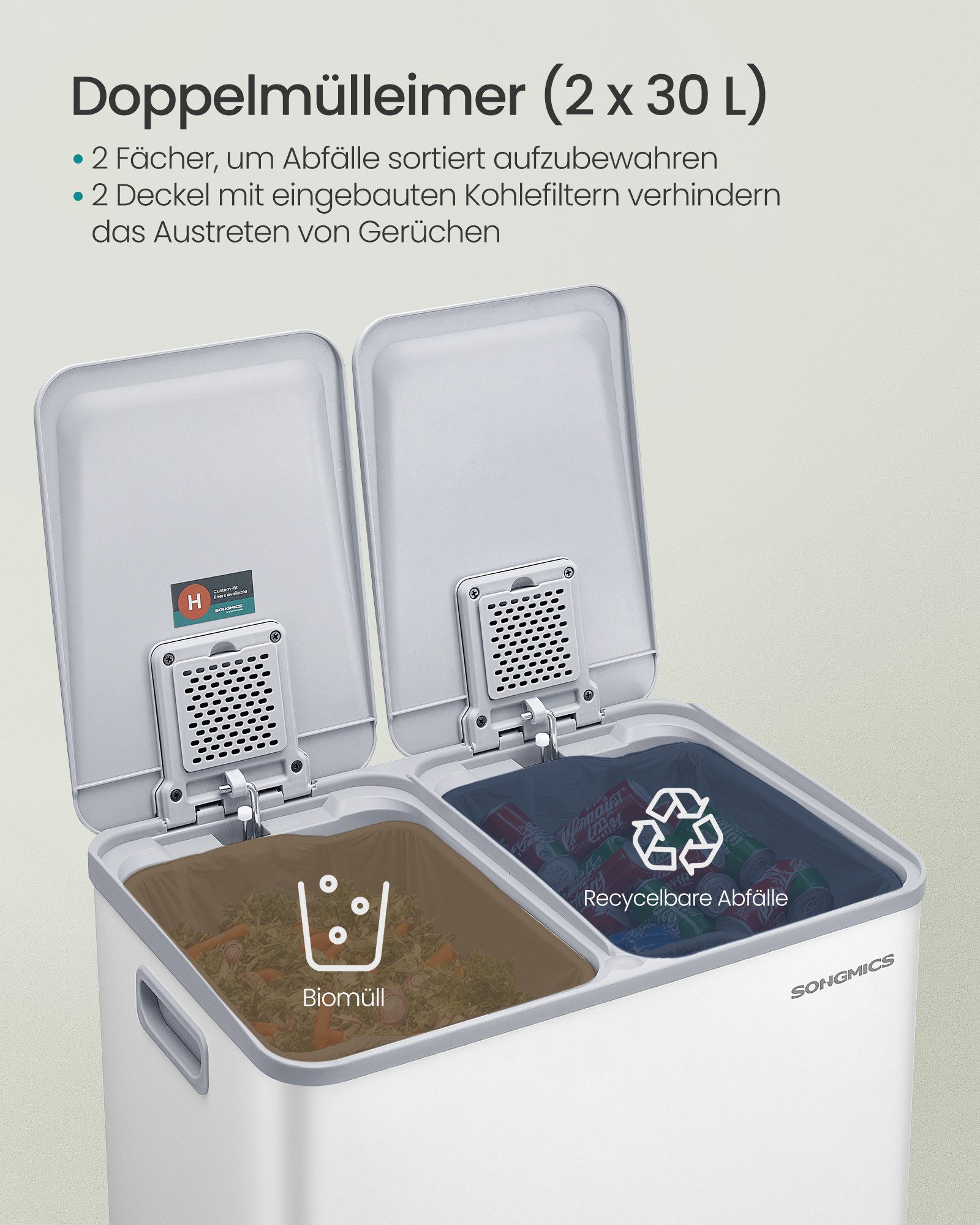 SONGMICS Mülleimer Mülltrennsystem, Mülleimer Küche, 2 x 30 Liter, 2 Fächer, Abfalleimer, Softclose