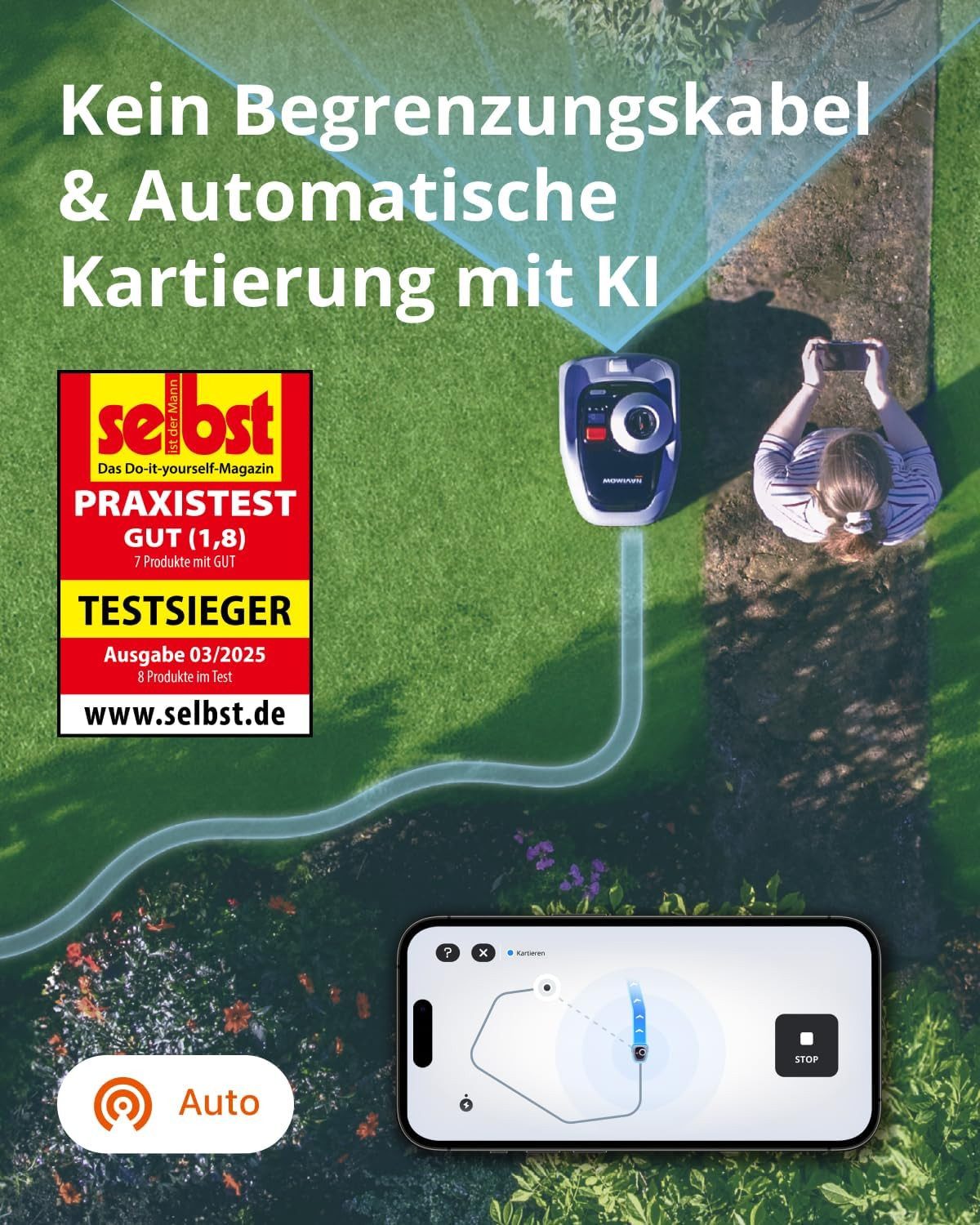 NAVIMOW Rasenmähroboter i105E Mähroboter ohne Begrenzungskabel, Empf. 500 m², bis 600 m² Rasenfläche, (1-St., RTK+Vision Rasenmäher Roboter Testsieger, Igelschutz Rasenroboter), KI Auto Kartierung