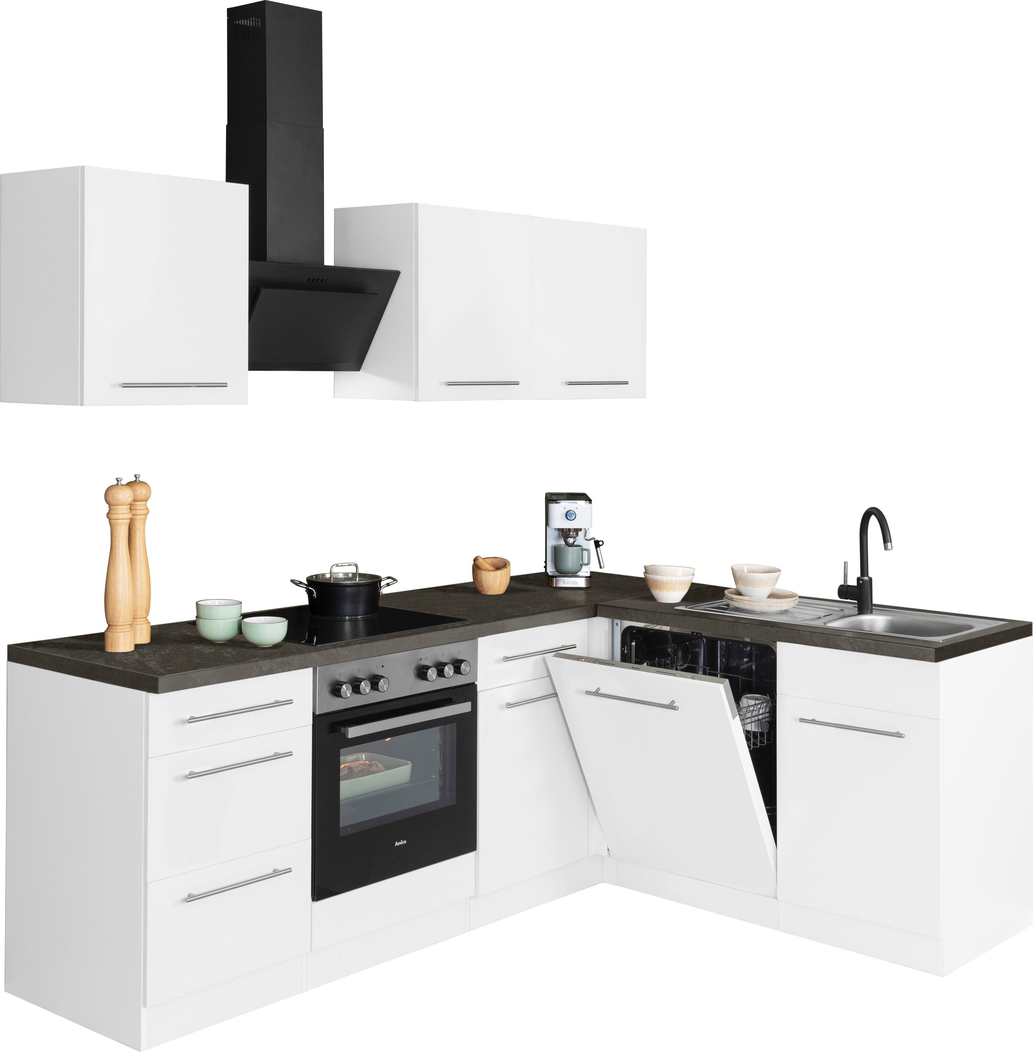 mit Winkelküche 220 weiß Unna, Stellbreite cm wiho Küchen | Weiß/Granit 170 x schwarz E-Geräten,