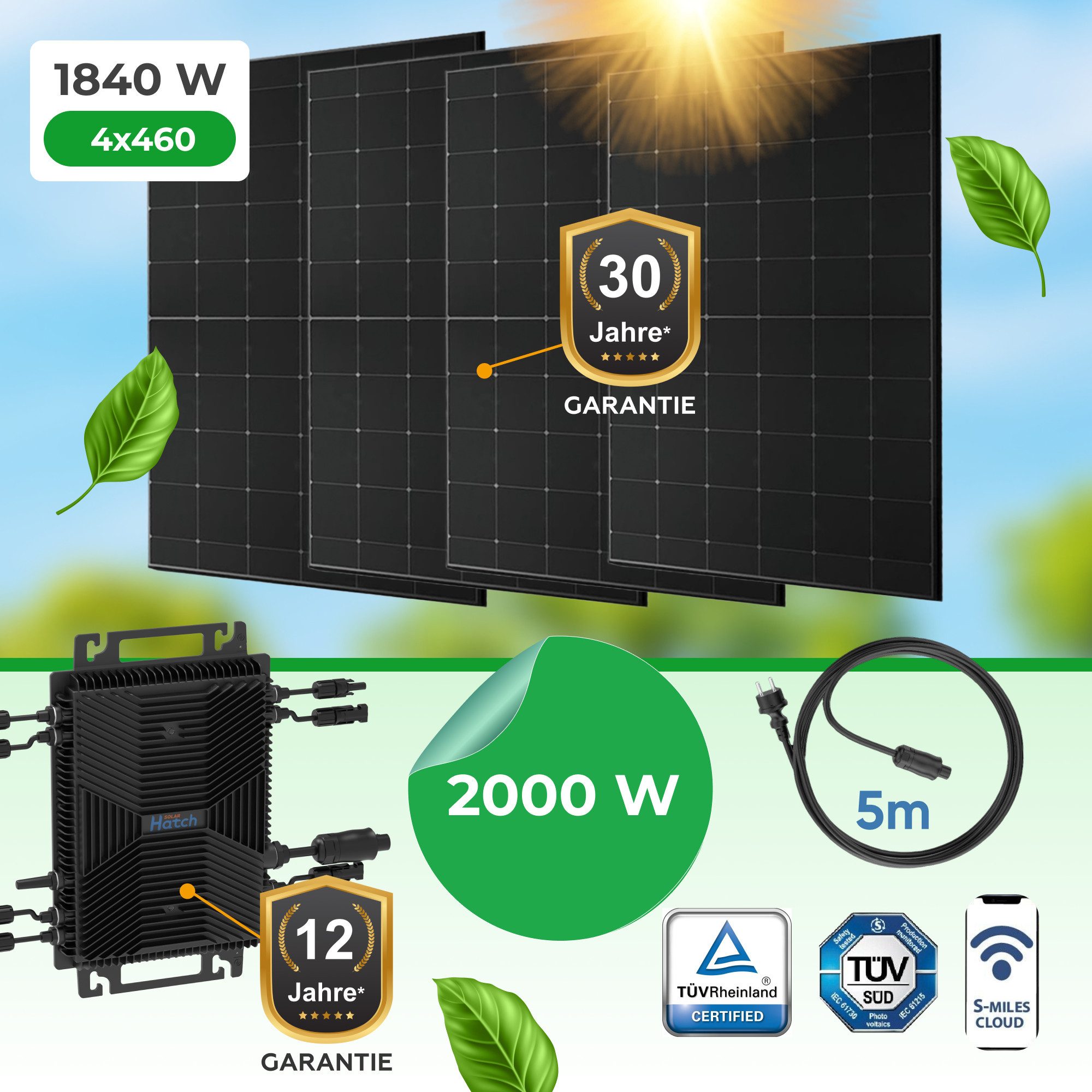 Paket.ag Balkonkraftwerk 1840Watt PV-Module Bifazial mit 2000W Wechselrichter, (1-St)
