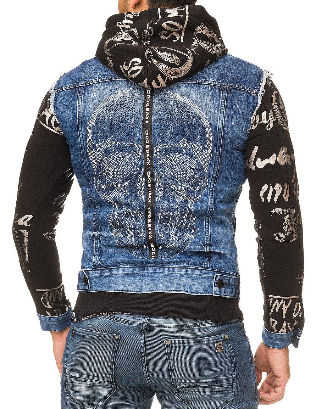 (1-St) auf Totenkopf mit Kapuzen Baxx BA-CJ185 Sweatjacke blau dem Cipo Jeansjacke Rücken &