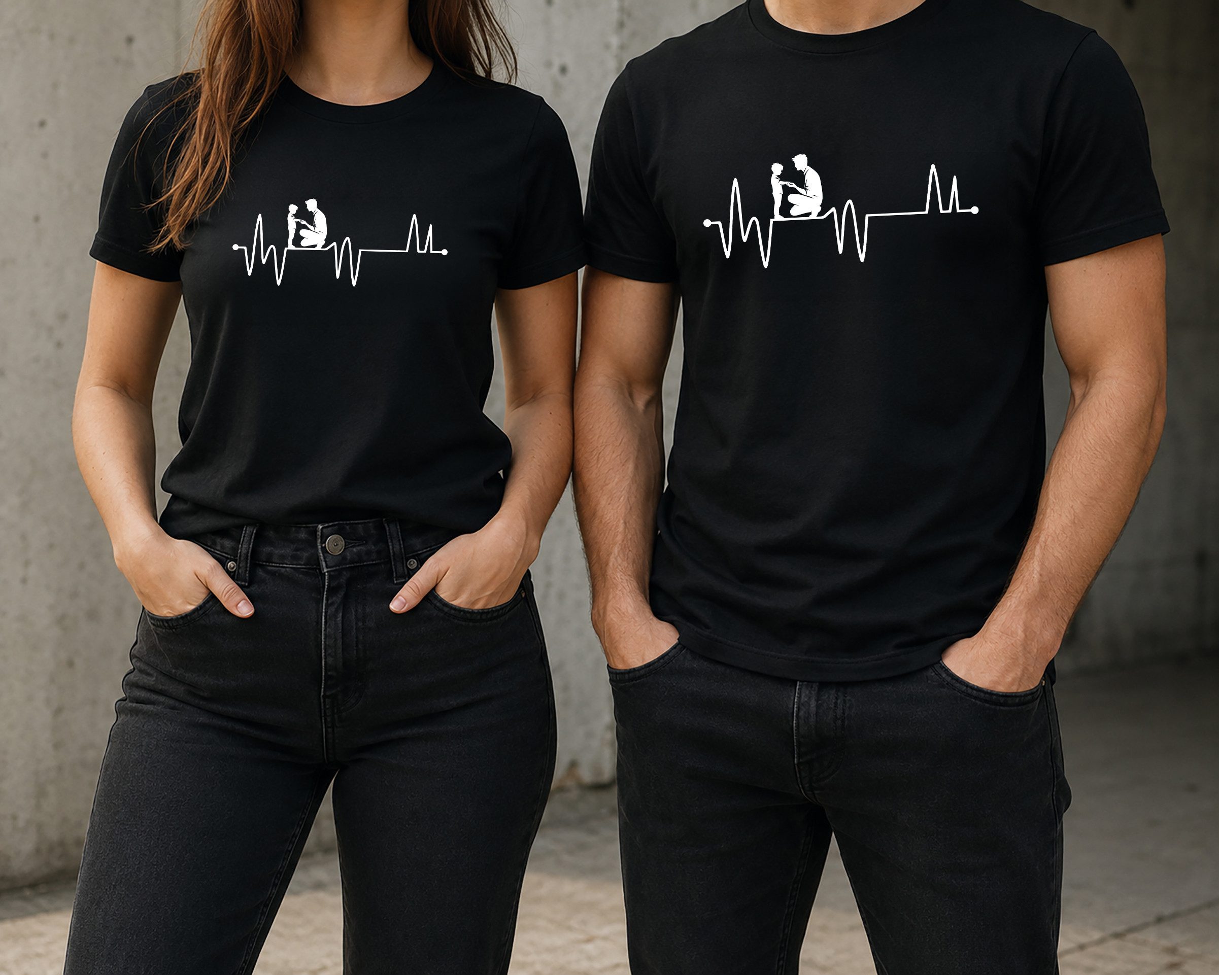 MyDesign24 T-Shirt Vater mit Sohn Herschlaglinie print Shirt EKG-Linie Vater T-Shirt schwarz kurzarm Regular Fit i610