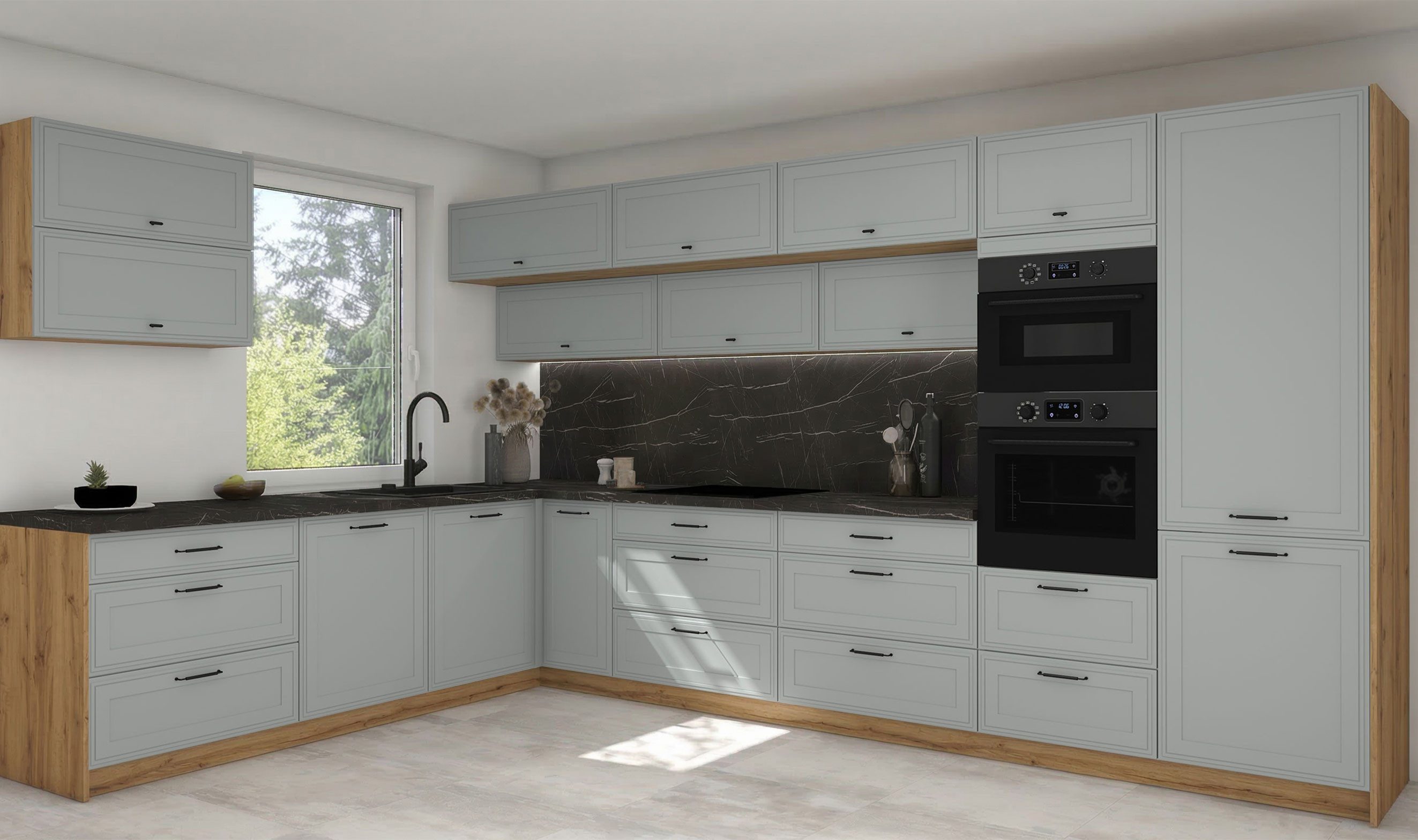 Feldmann-Wohnen Winkelküche Salo, (Blum Metabox Teilauszugschubladen, Gasdruckdämpfer, 18-teilig), 387x267cm Eiche Artisan / dust grey matt
