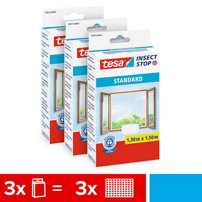 tesa Fliegengitter-Gewebe Insect Stop Standard Fliegengitter für Fenster, (Spar-Set, 3-St., Fliegennetz, Klettband), Fliegenetz ohne Bohren - zuschneidbar - je 1.3 m : 1.5 m, weiß