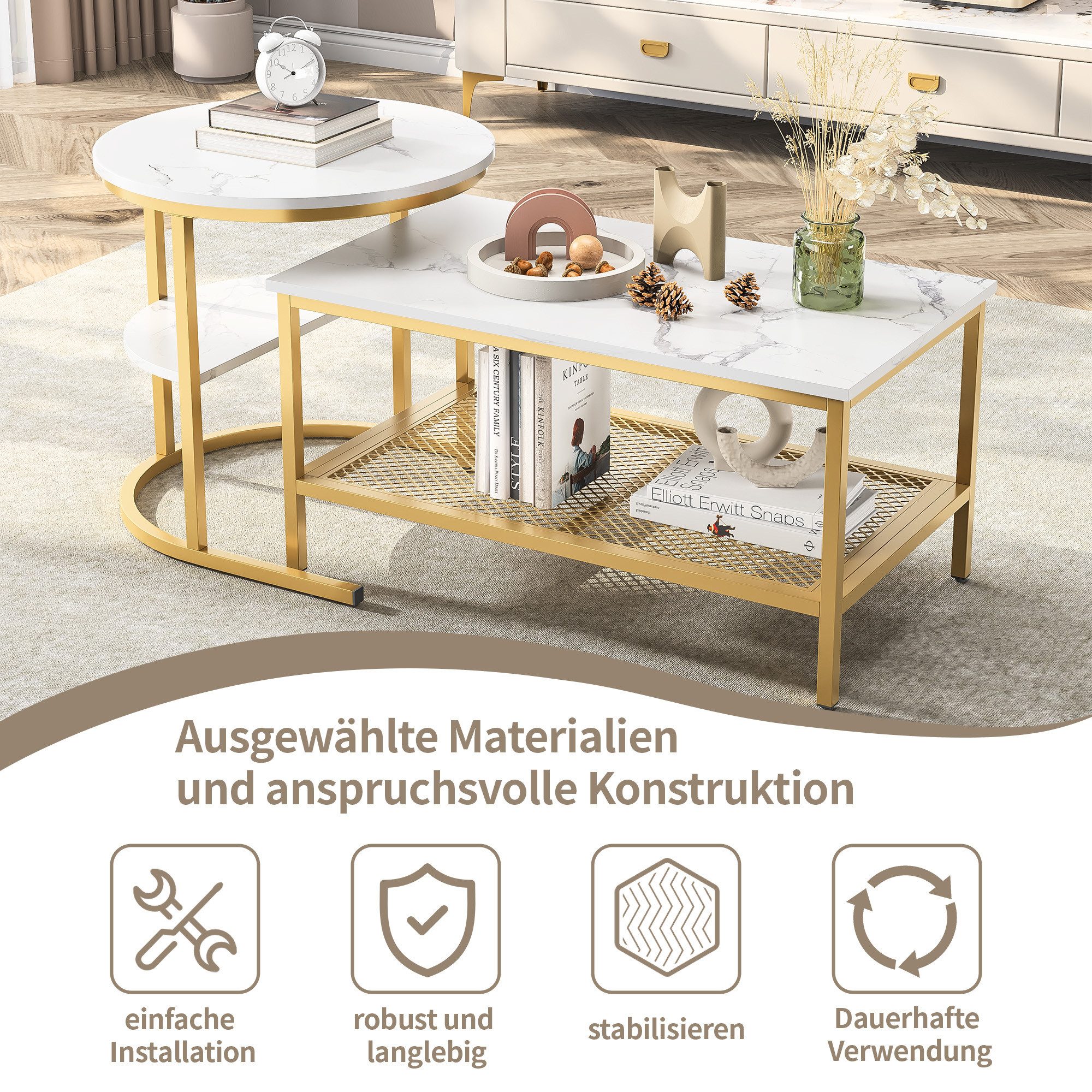FUROKOY Couchtisch Beistelltisch Sofatisch wohnzimmertisch kaffeetisch 2er set (Runder und quadratischer Tisch, gold), Modern design Couchtisch,Marmoroptik – Bild 5 von 5