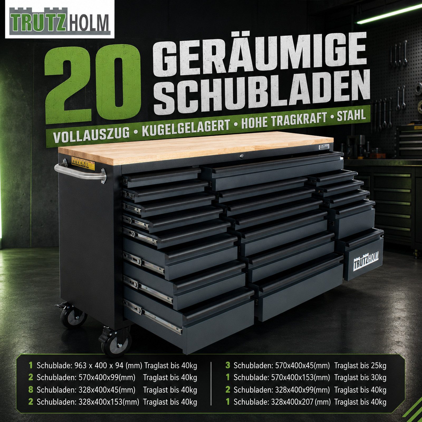 TRUTZHOLM Werkstattwagen Deluxe XXL Anthrazit unbestückt 160 x 91 cm 20 Schubladen Werkbank, 20 Schubladen, Anthrazit, 6 schwenkbare Rollen, 4 Rollen mit Feststellbremse, pulverbeschichteter Stahl, Hartholz Arbeitsplatte, max. Traglast:750 kg, (Artikel, 1-tlg)
