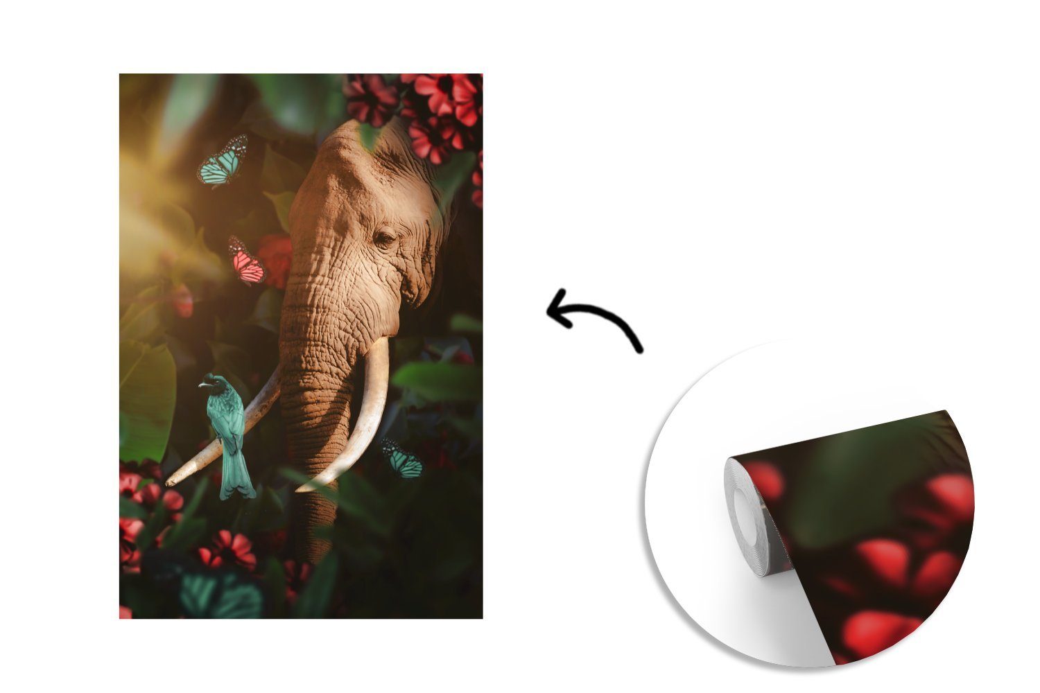 bedruckt, Schmetterling Wohnzimmer, Tapete Matt, Vogel - Fototapete Elefant Dschungel, - (3 Montagefertig - St), MuchoWow Vinyl Wandtapete für