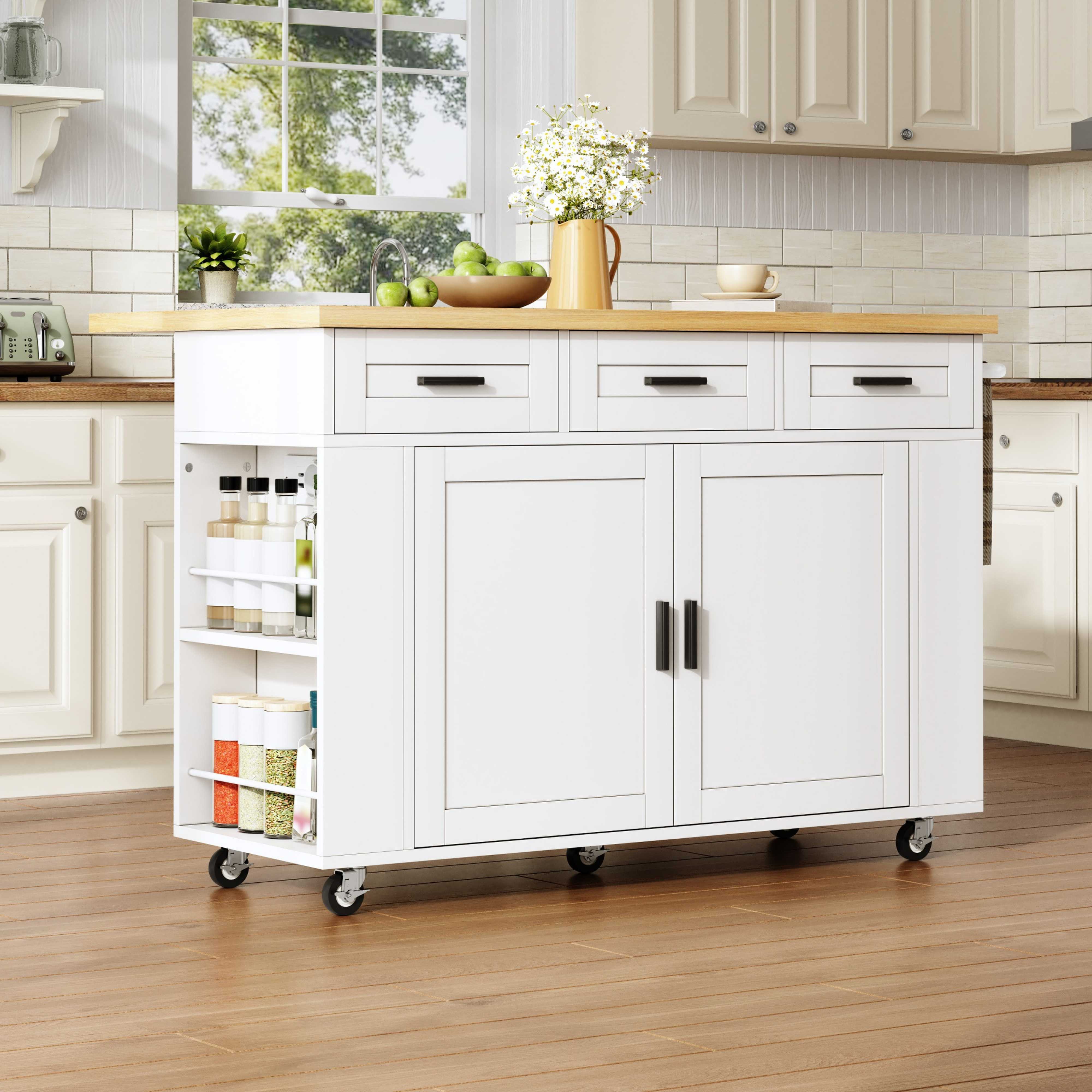 BlingBin Kücheninsel Küchenwagen,Stauraumschrank,Buffetschrank mit klappbarer Arbeitsplatte, (2 Packung), mit Ausziehbarer Schrank-Organizer, Schublade, Steckdosen und Rollen
