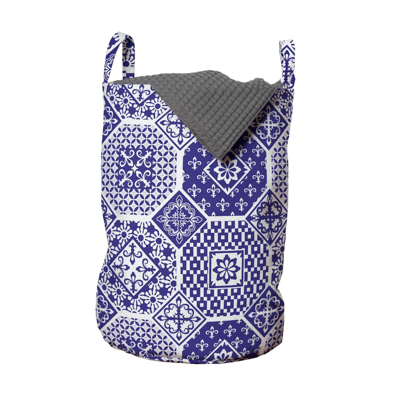 Abakuhaus Wäschesäckchen Wäschekorb mit Griffen Kordelzugverschluss für Waschsalons, Azulejo Rhythmische Blumen Motive