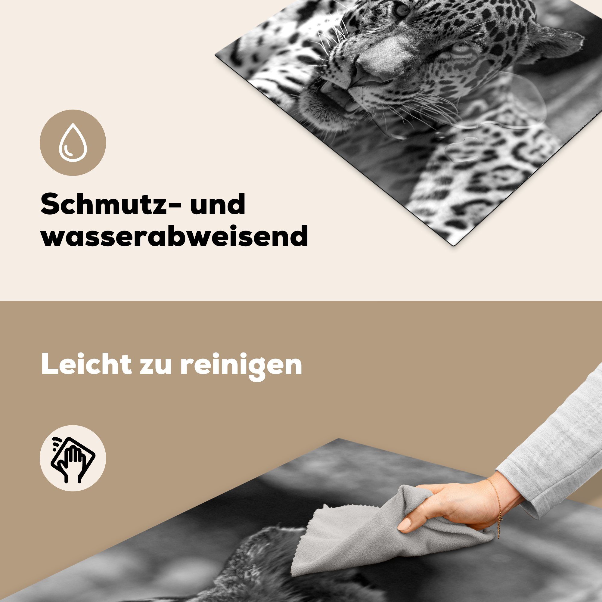 Porträt Arbeitsfläche tlg), Mobile nutzbar, MuchoWow Herdblende-/Abdeckplatte - weiblichen mit (1 Jaguars eines Maul geöffnetem 60x52 cm, Vinyl, leicht schwarz, Ceranfeldabdeckung