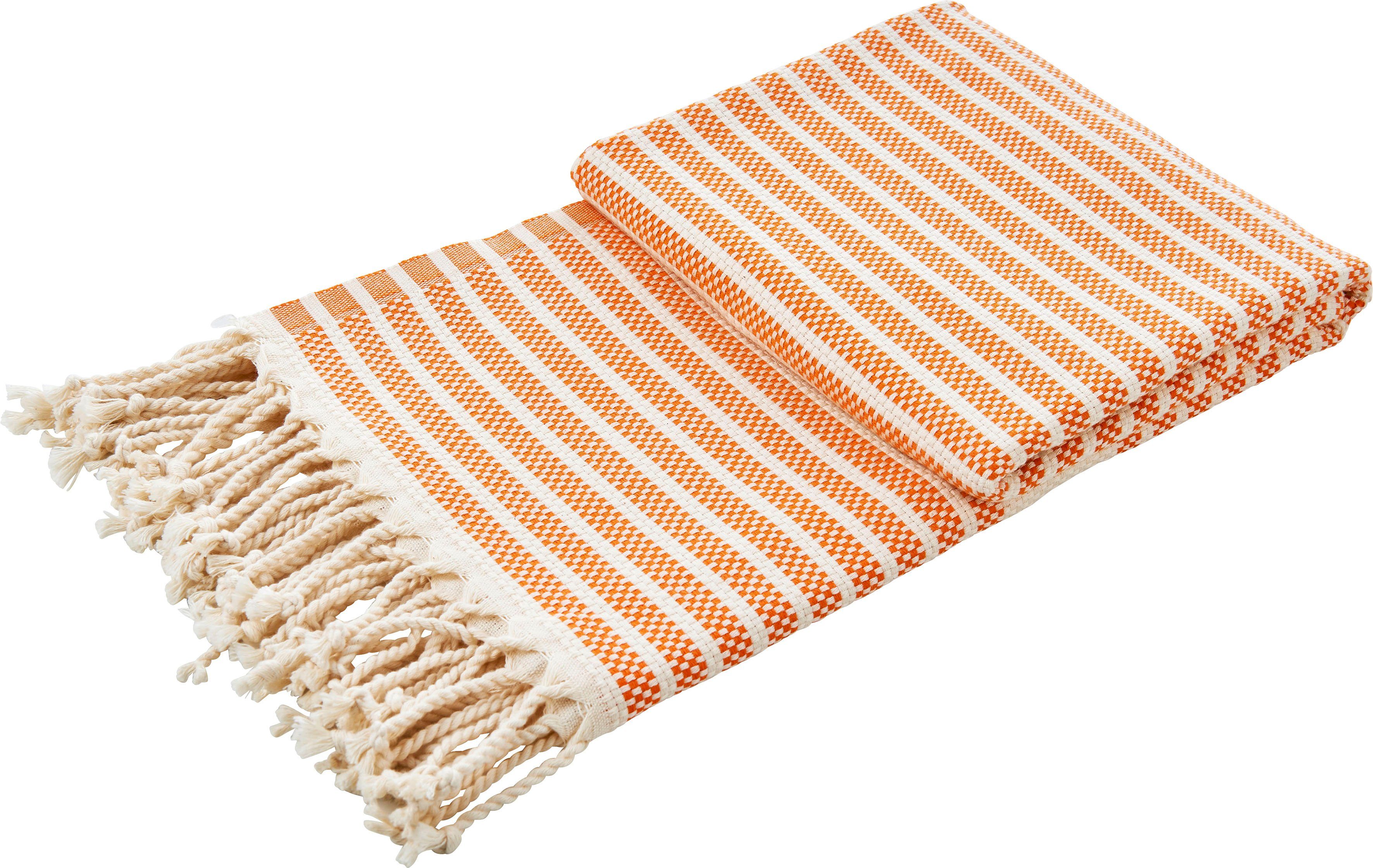 Plaid Lounge Stripes, done.®, Leichtes Plaid mit geknoteten Fransen orange/beige | Plaids