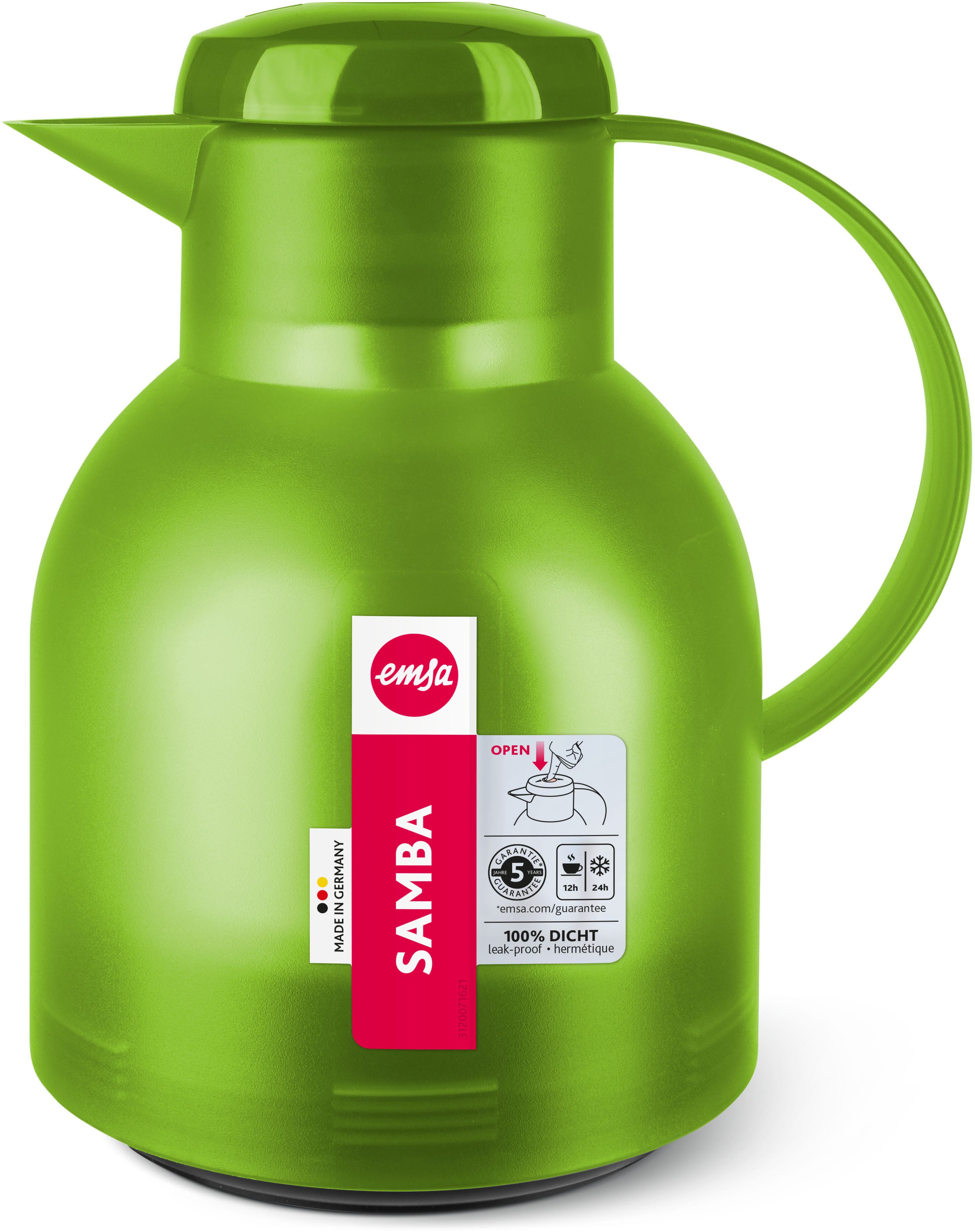Emsa Isolierkanne Samba, 1 l, zeitloses Design, einfacher Knopfdruck, 24h kalt, 12h warm
