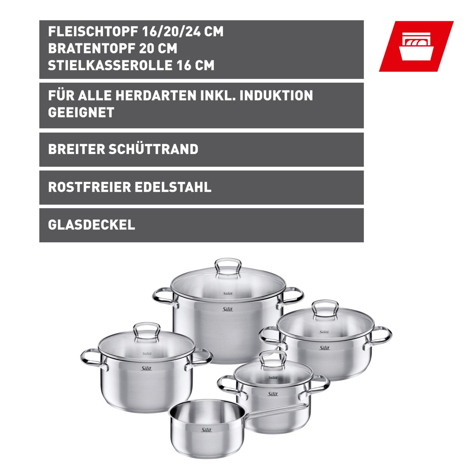 Silit Topf-Set Toskana, teilmattiert, Induktions Töpfe Set unbeschichtet, Edelstahl 18/10 (Set, 9-tlg., Bratentopf Ø 20 cm, Fleischtopf Ø 16/20/24 cm, Stielkasserolle Ø 16 cm), mit Glasdeckel, für alle Herdarten geeignet, ohne Innenskalierung