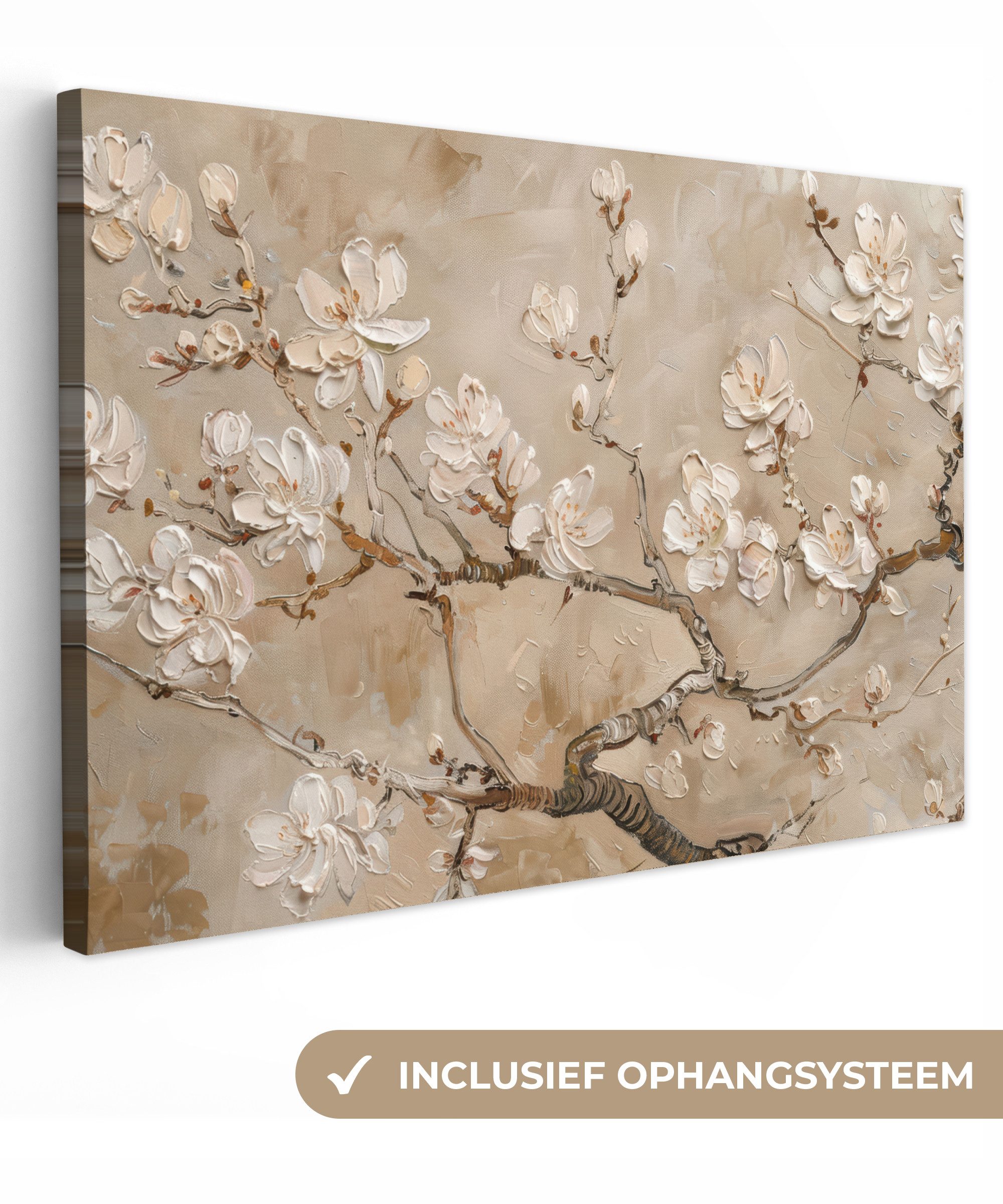 OneMillionCanvasses® Leinwandbild Blumen - Modern - Beige - Weiß - Blüte, Fotodruck (1 St), Leinwand Bilder Klein, Wand Dekoration Aesthetic 30x20 cm