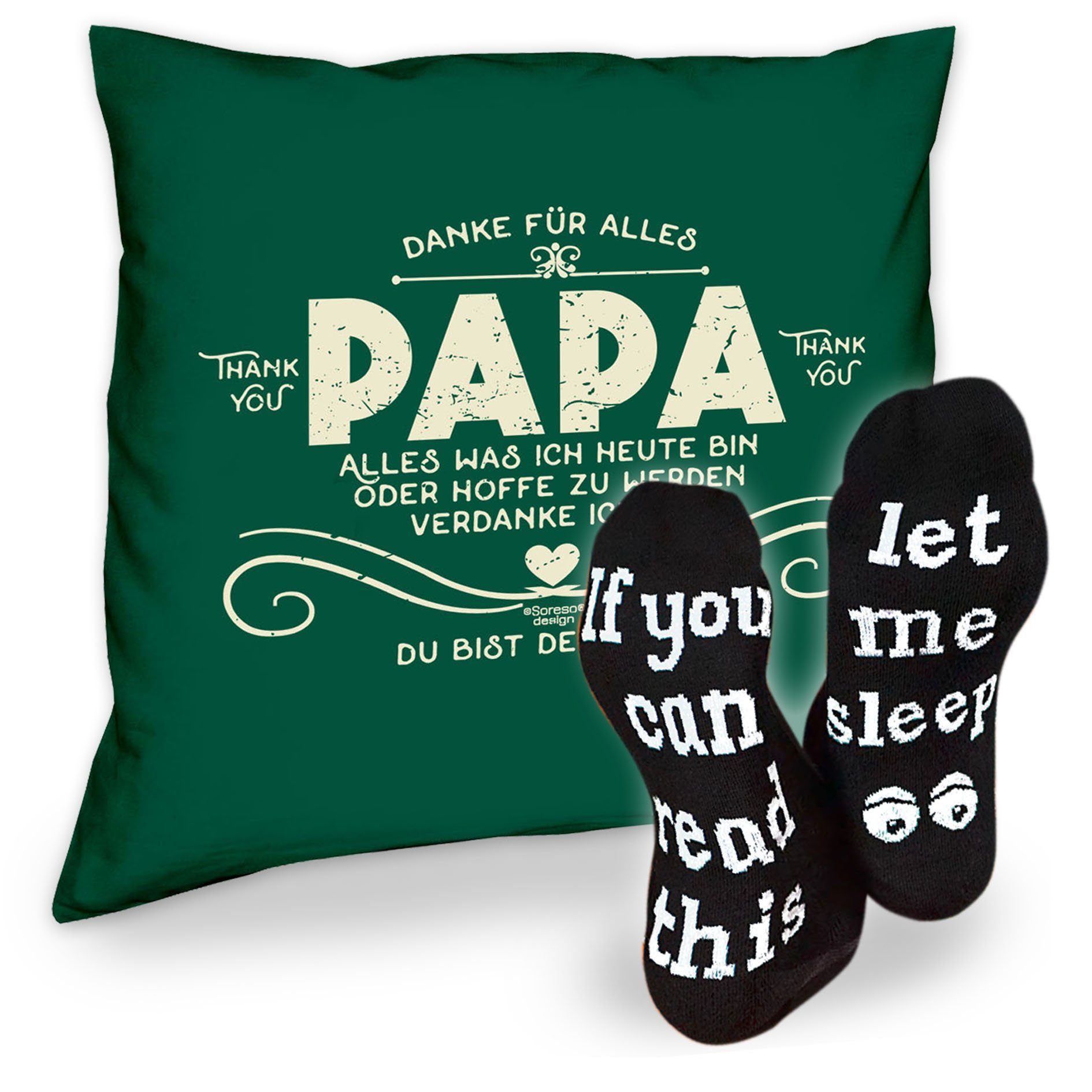 Soreso® Dekokissen Kissen Danke Papa & Sprüche Socken Sleep, Geschenk Geburstag Vatertag Weihnachten dunkelgrün
