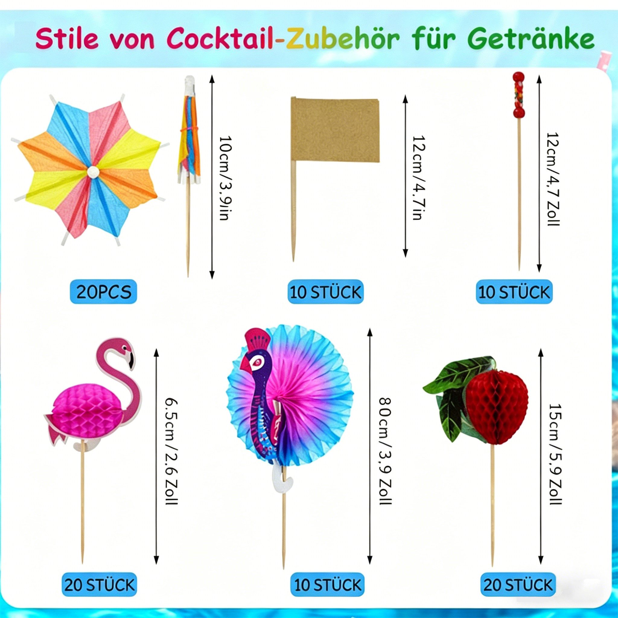 MOPUEA Cocktail-Set Cocktail Deko Schirmchen Strohhalme Party Zubehör, (Bunte Cocktail Dekoration aus Holz und Papier, 150-tlg., Praktisches Party-Accessoire für Getränke, Desserts und Snacks), Nachhaltig, wiederverwendbar, ideal für Bar, Café oder private Feier