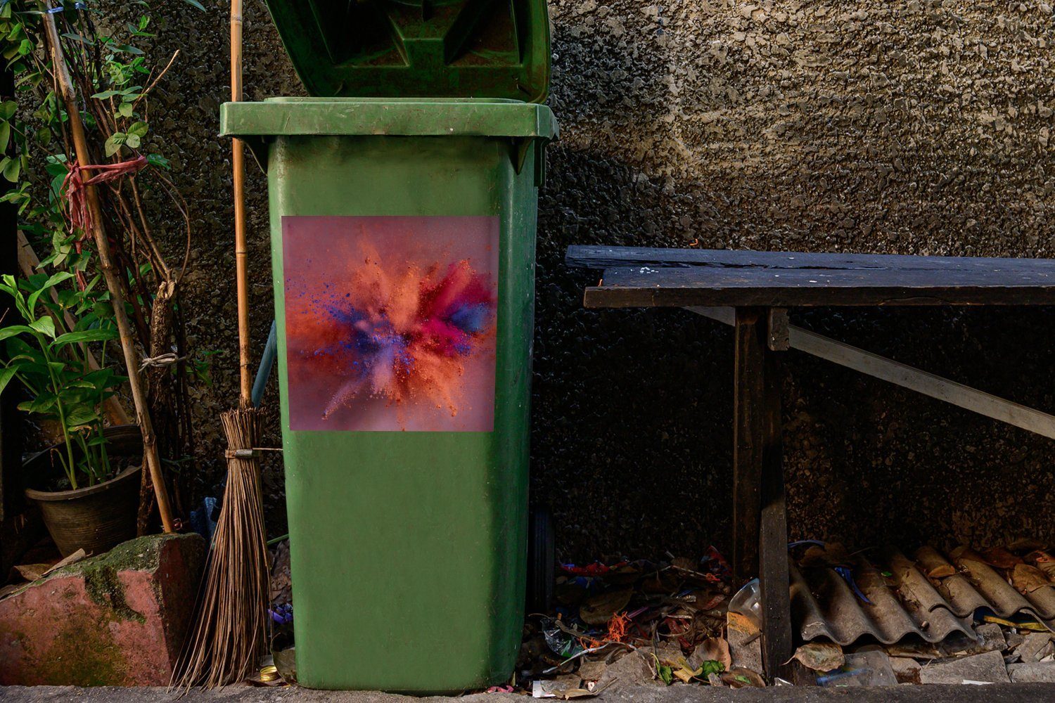- Abstrakt Abfalbehälter - Sticker, Rot Puder Container, - Mülltonne, (1 Wandsticker Orange St), MuchoWow Mülleimer-aufkleber,