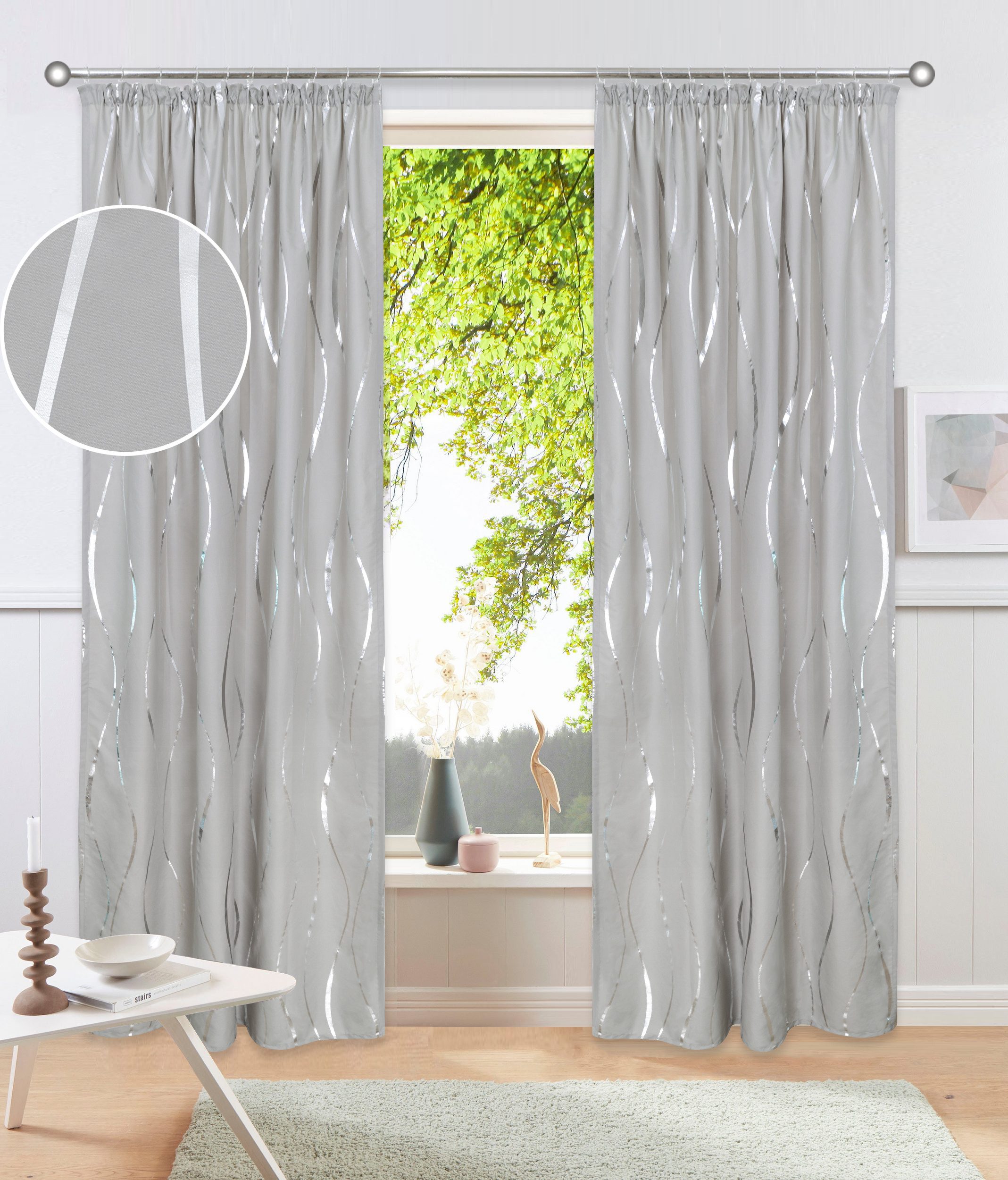 OTTO home Gardine Quinnton (2 St), Kräuselband, blickdicht, Blickdicht, 2er‑Set. Metallic‑Akzenten, Kräuselband