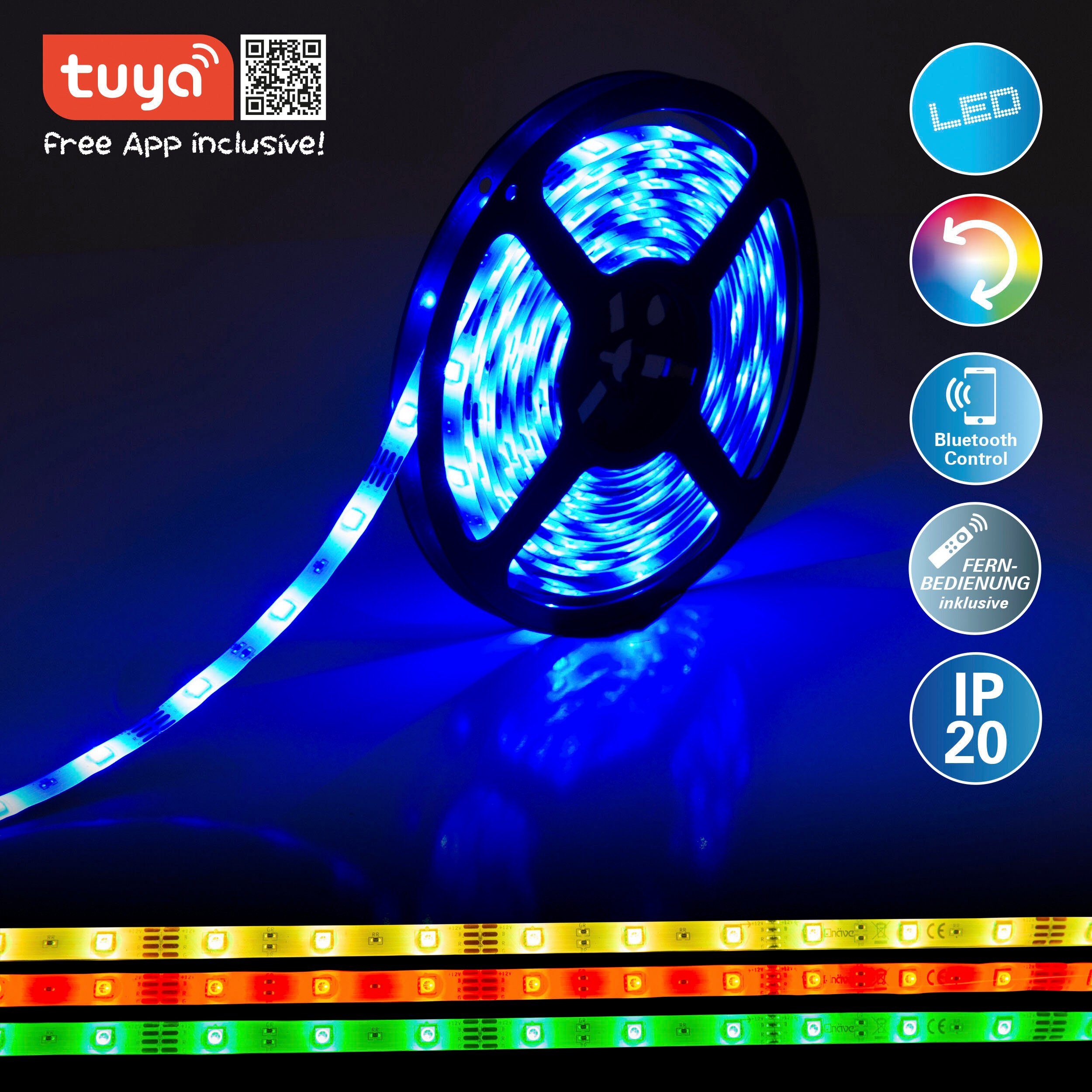 IP20, Dimmbar,19W RGB, LED 1-flammig, Stripe, LED-Streifen 5m, Bluetooth, Fernbedienung, näve Stripe Tuya,