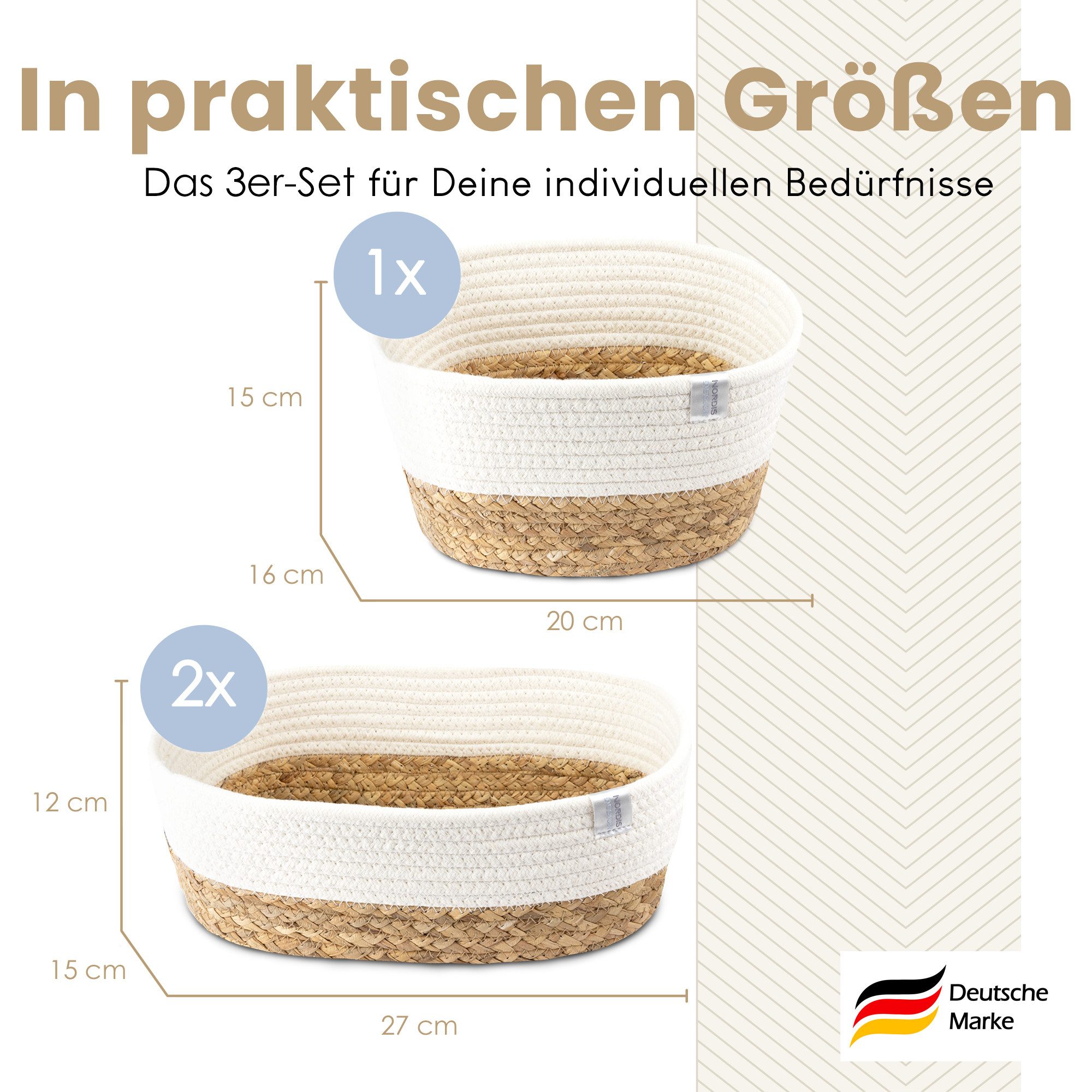 NORDIS DESIGN Aufbewahrungskorb Set "Alina" aus natürlicher Baumwolle und Wasserhyazinthe, (3er-Set), Dekokorb geflochten für Bad, Babyzimmer und Schlafzimmer