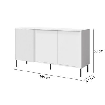 Beautysofa Kommode Große geräumige, elegante, moderne Kommode MIA 02 weiß (Möbel aus MDF-Platten, ABS-geschützte Kanten), mit Lamellen an der Front, B:145/H:80/T:41CM