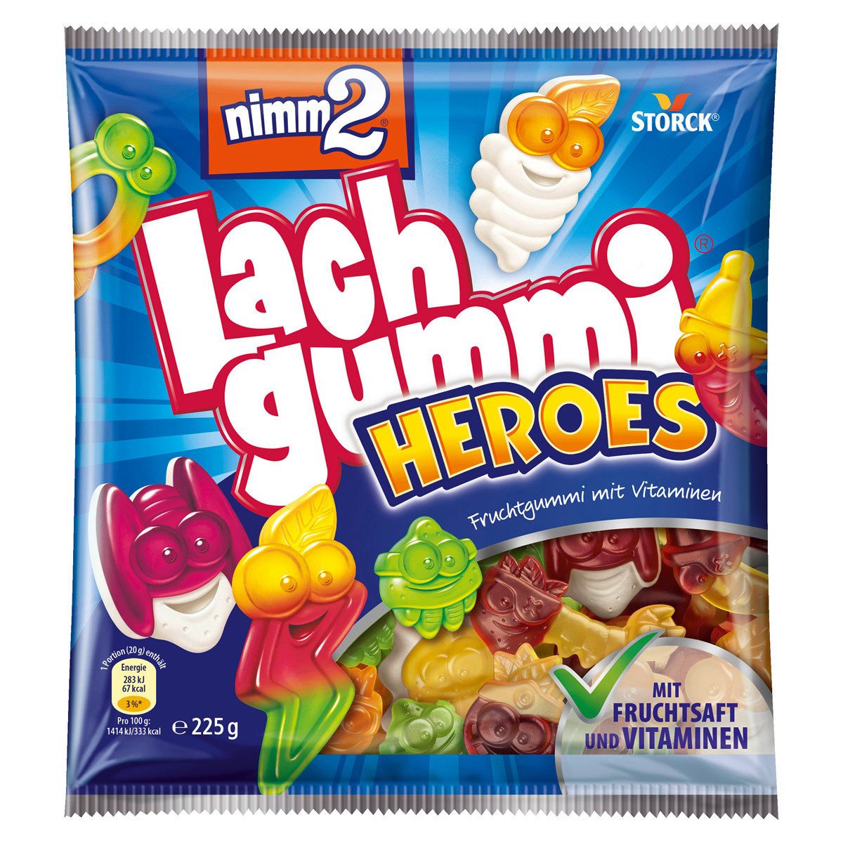NIMM2 Süßigkeit, Lachgummi Heroes Fruchtgummi mit Fruchtsaft 225g