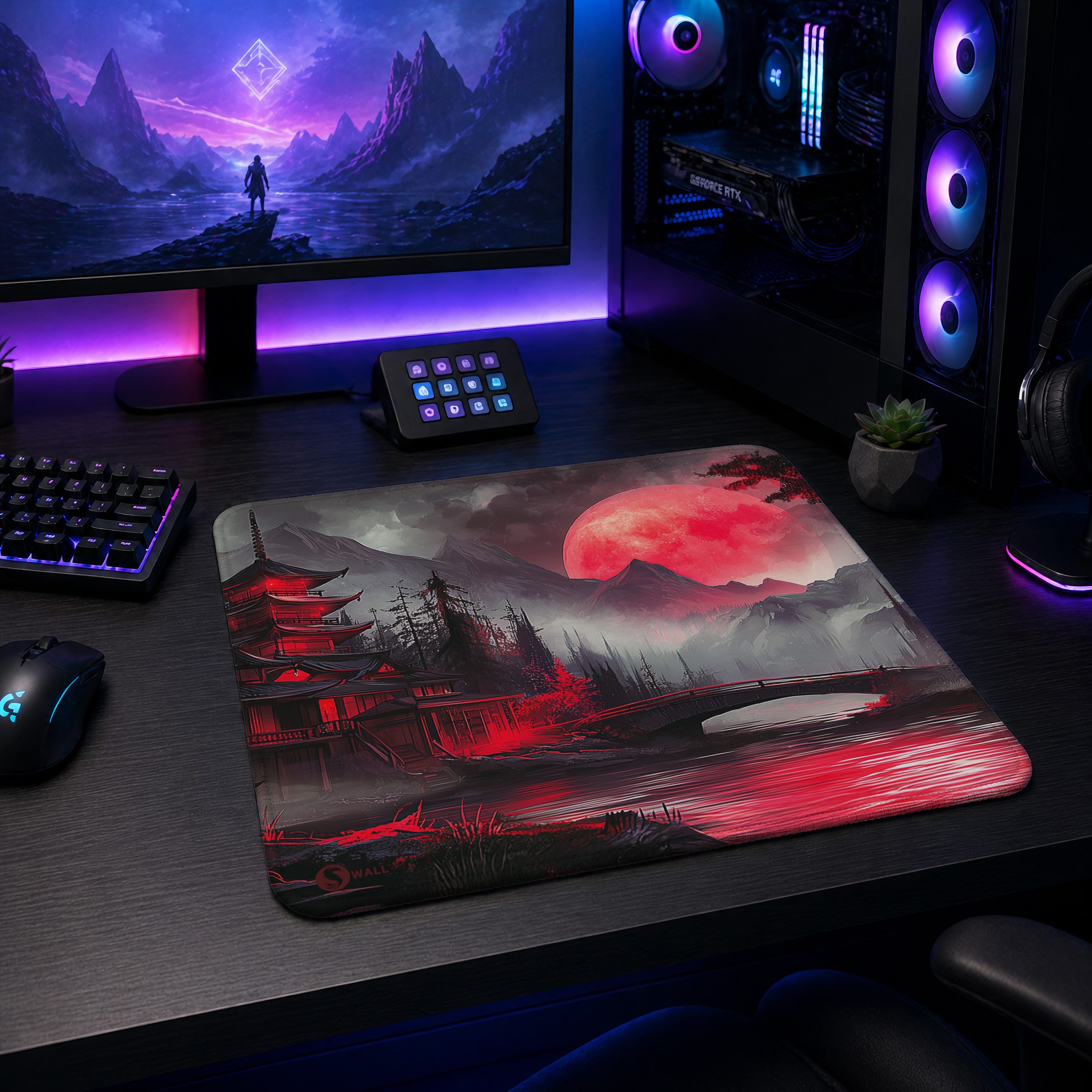 Sunnywall Gaming Mauspad Speed Mousepad XXL Premium 4 mm - Red Moon Mond Japan Tempel (inkl. Wallpaper), 45x40, 80x30, 90x40 cm, rutschfest, vernähte Ränder, Ti – Bild 2 von 5