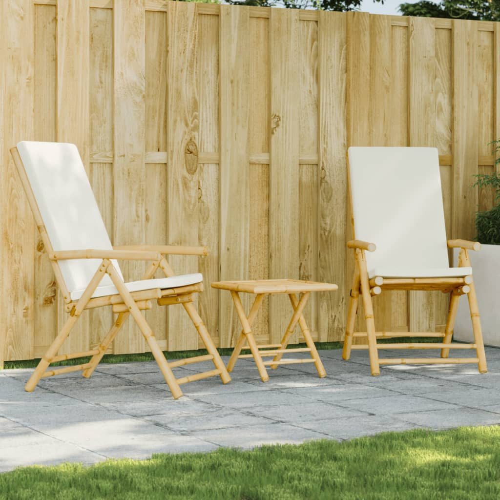 vidaXL Gartenlounge-Set 3-tlg. Bistro-Set Klappbar mit Cremeweißen Kissen Bambus