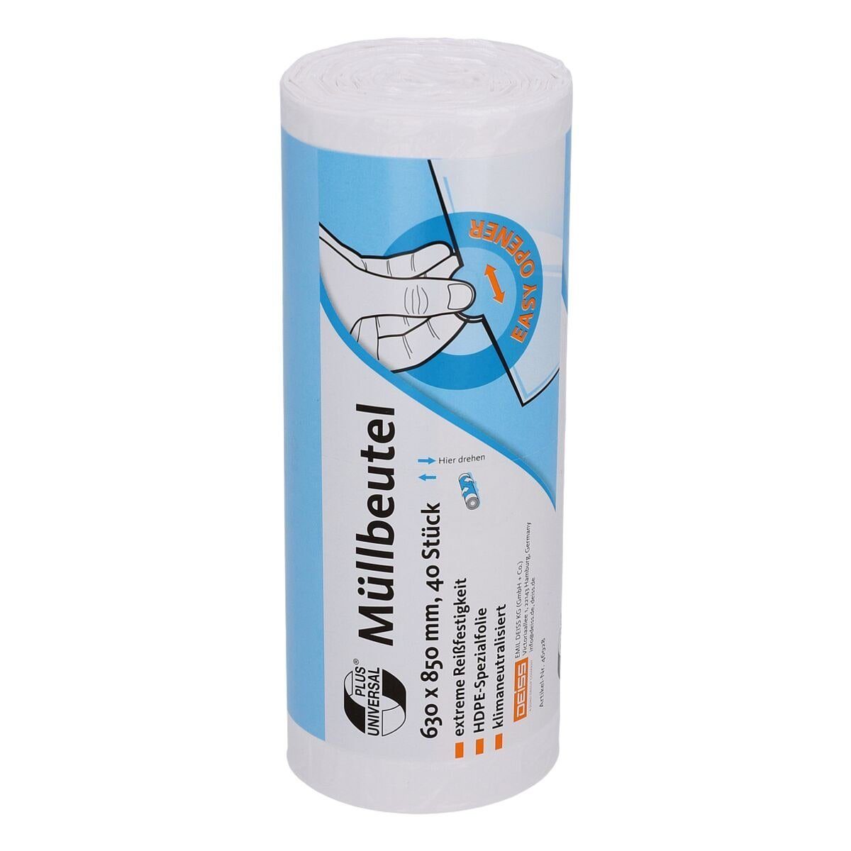 Deiss Müllbeutel UNIVERSAL PLUS®, extrem reißfest, 80 Liter, 40 Stück/Rolle, weiß