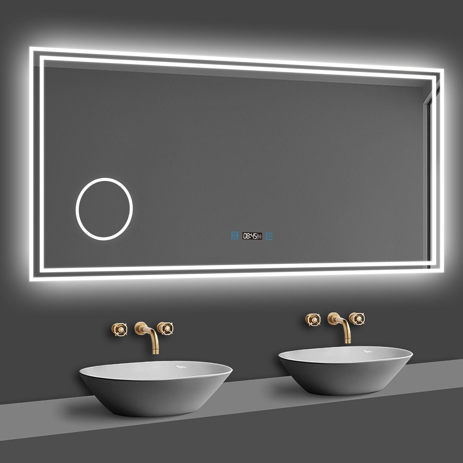 Badspiegel 80-160cm mit LED, Uhr, Beschlagfrei, Schminkspiegel
