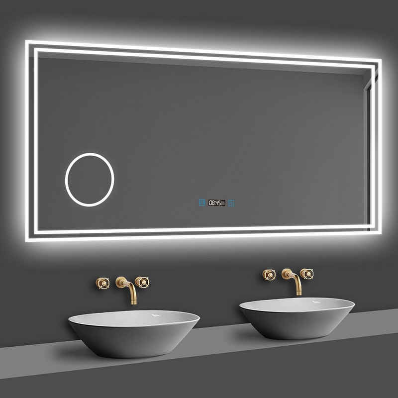 duschspa Зеркало для ванной комнаты »80-160cm mit LED, Uhr, Beschlagfrei, Schminkspiegel«, Kalt/Warm/Neutral Licht, dimmbar, Helligkeit-Speicherfunktion