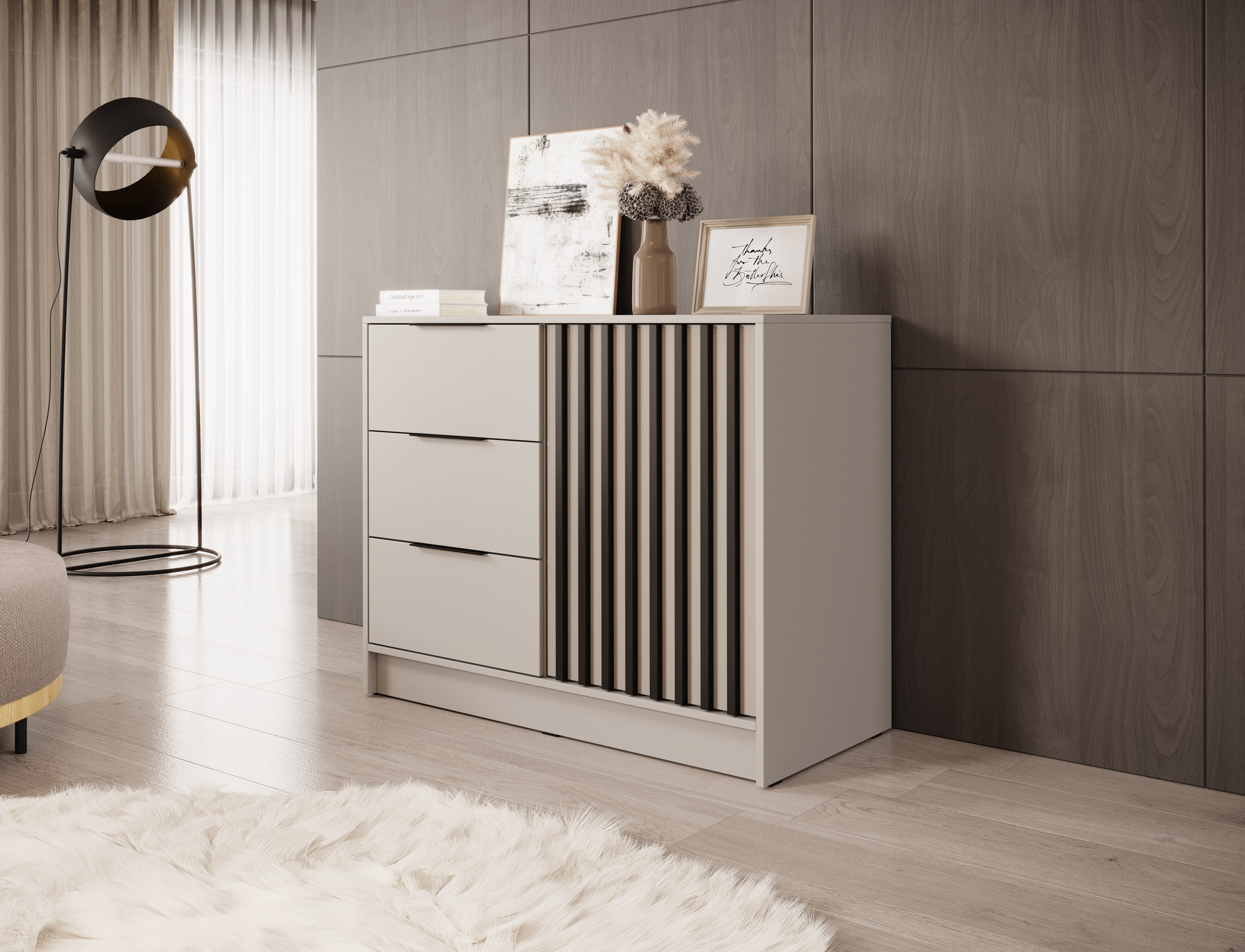 MOEBLO Kommode JOHN 2D (dekorative Lamellen Schrank Sideboard mit Türen und 3 Schubladen, Moderne Wohnzimmer Schlafzimmer Möbel Kommode für Wohnzimmer), (BxHxT): 105x86x45 cm