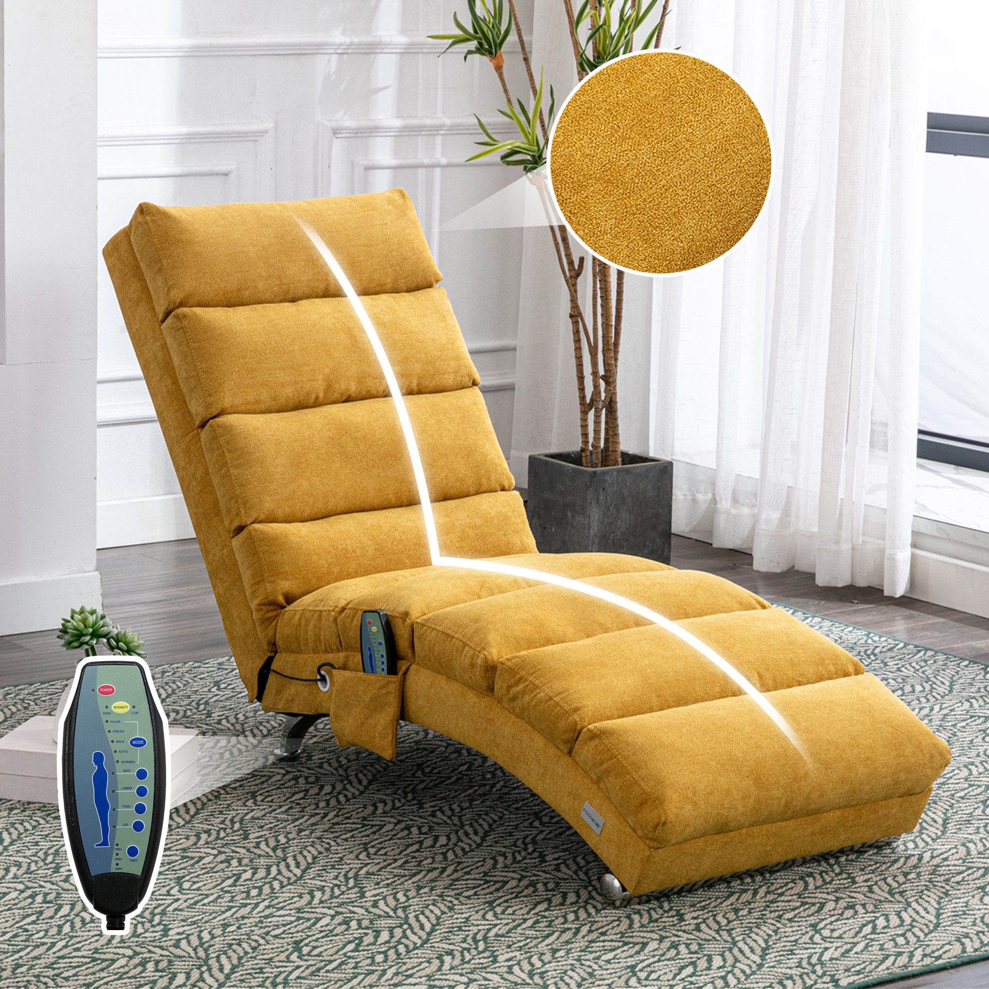 Totnz Relaxliege mit Massagefunktion, Leinenbezug, ergonomische Rückenlehne 140°, gepolstert mit Knopfheftung, Seitentasche, stabiler Holzrahmen & Stahlbeine