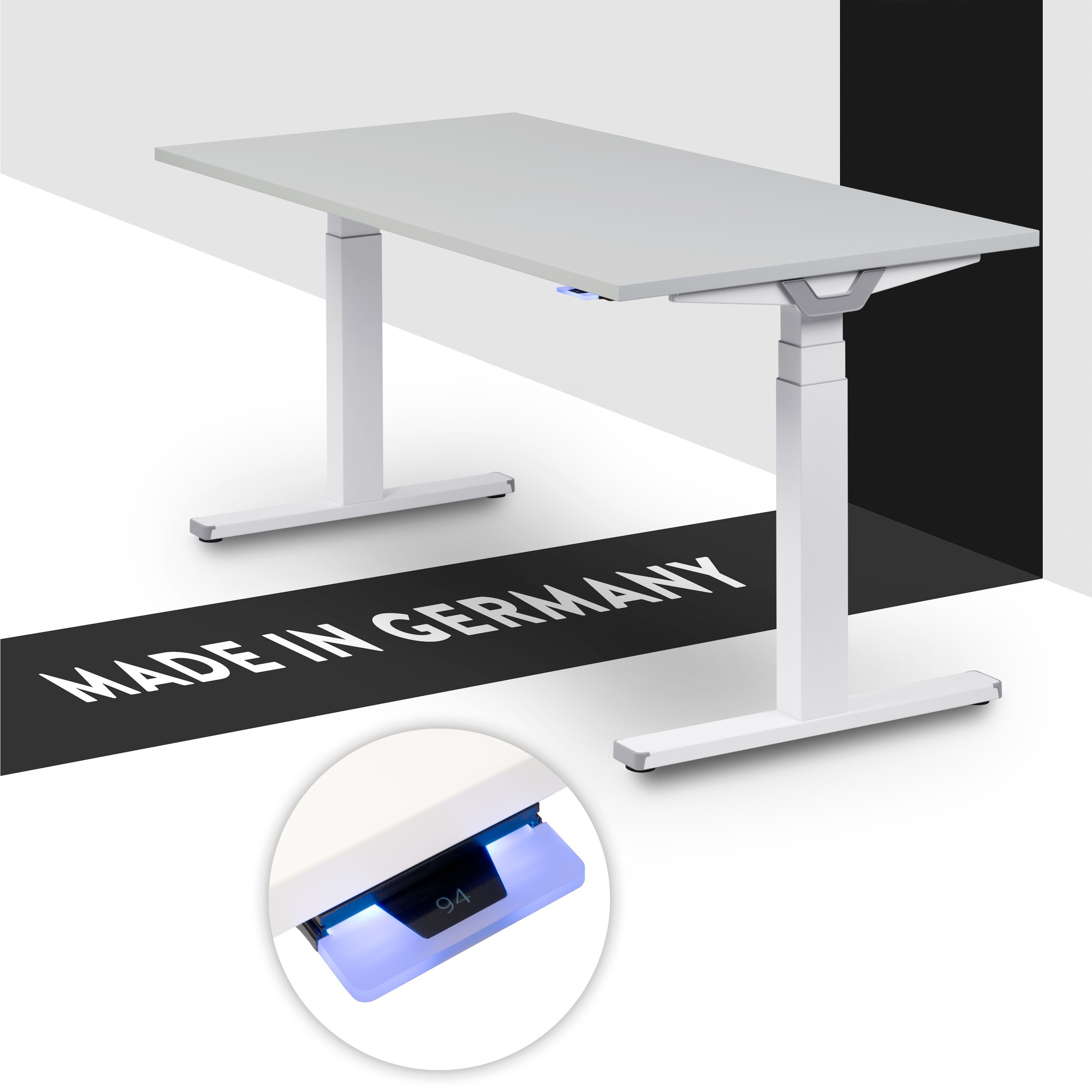 boho office® Schreibtisch Premium Line, Weiß elektrisch höhenverstellbar, Tischplatte Lichtgrau 120 x 80 cm Weiß | Lichtgrau (Melamin)