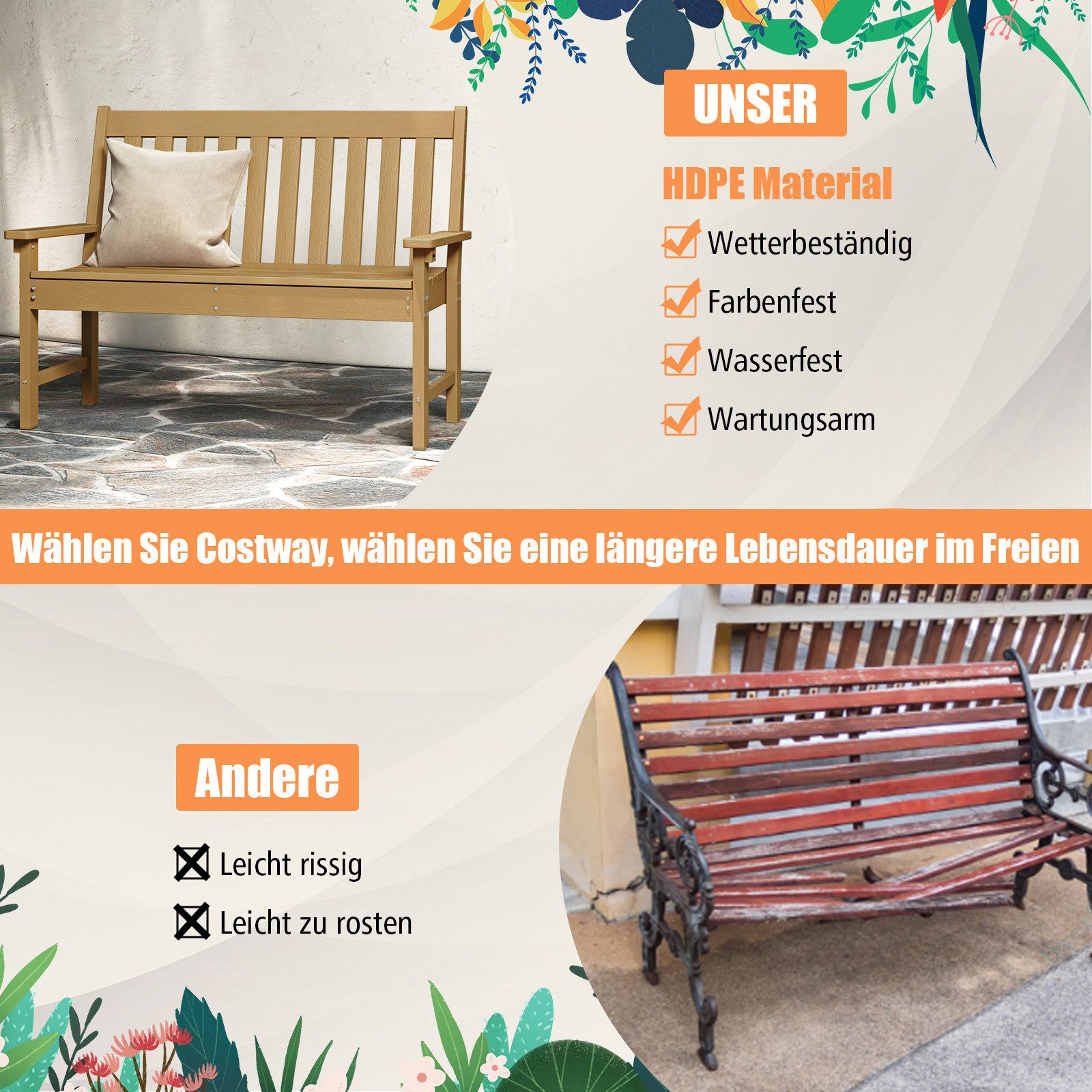 COSTWAY Gartenbank 2-Sitzer Sitzbank, 132 x 65 x 91 cm, bis 320kg