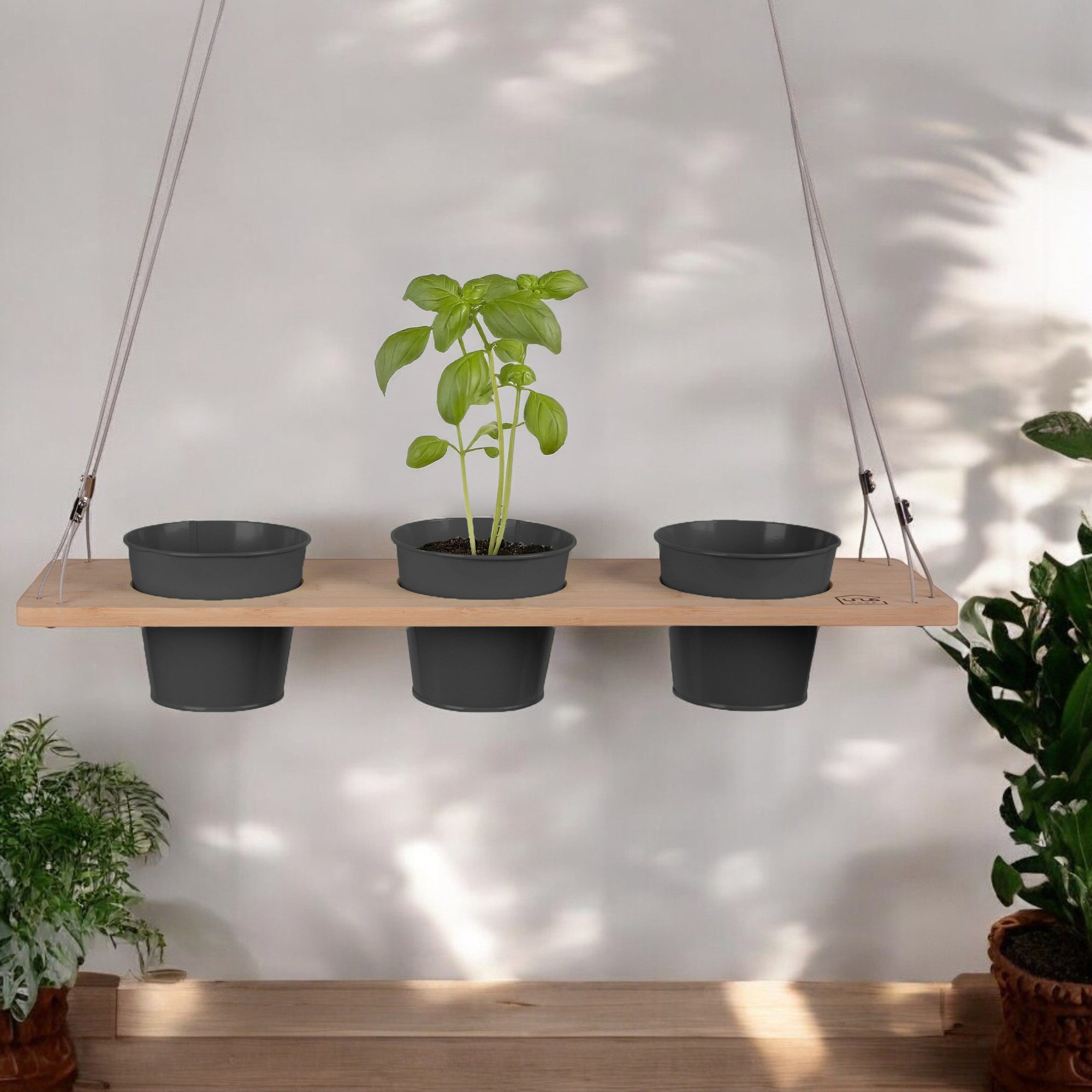 UNUS HOME Blumenkasten Kräuterbar, Pflanzenregal (60cm, grau), Stabile Drahtseilaufhängung, hängende Kräutertöpfe