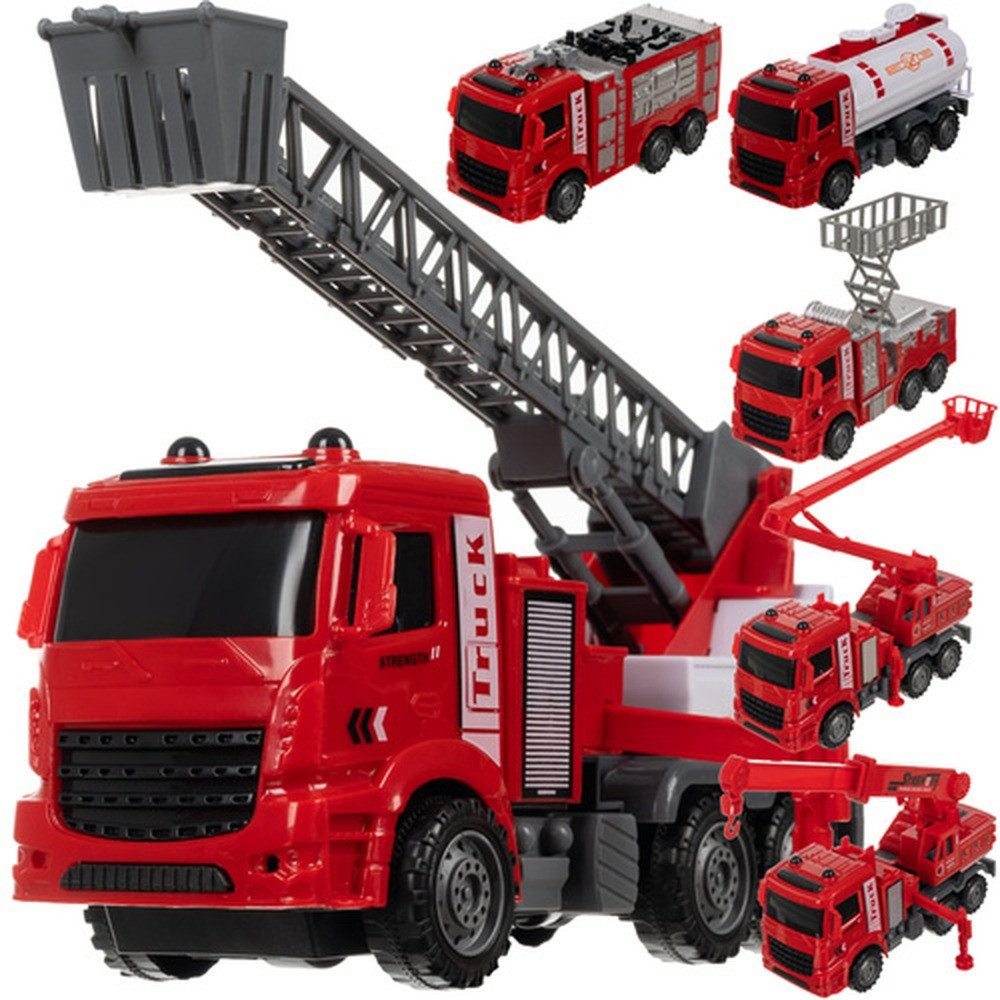 ISO TRADE Spielzeug-Feuerwehr Feuerwehrwagen 6 in 1 Rettungsautos, (Spar-Set, 6-tlg., mit Wasserwerfer), Ausfahrbarem Kran, drehbarem Turm, hebbarem Rettungskorb