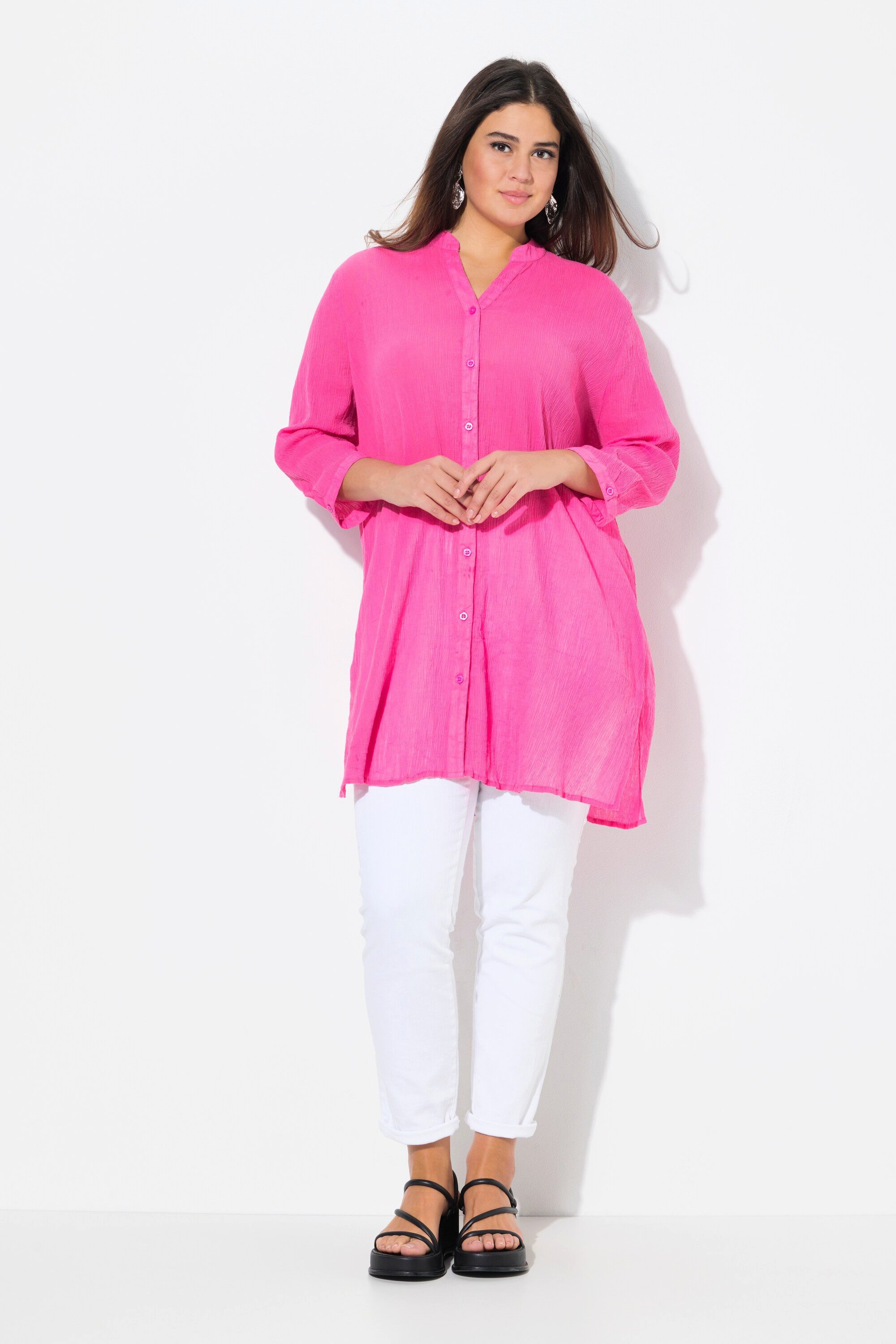 Ulla Popken Hemdbluse Longbluse Krepp Stehkragen V-Ausschnitt 3/4-Arm günstig online kaufen