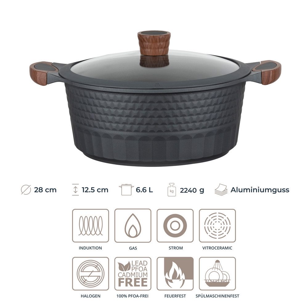 RESTO Kitchenware Kochtopf Capella, Schmortopf antihaftbeschichtet und spülmaschinenfest, Aluminiumguss (2-tlg), mit Glasdeckel und stoßdämpfendem Silikonrand, im Geschenkkarton