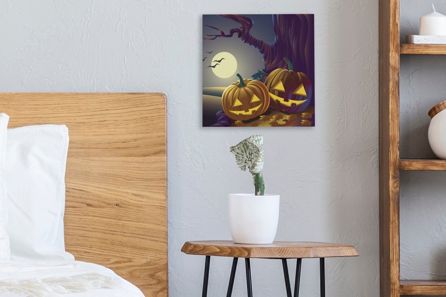 OneMillionCanvasses® Leinwandbild Zwei Kürbisse in Wohnzimmer (1 Bilder Halloween-Nacht für einer einer Illustration, in Schlafzimmer St), Leinwand