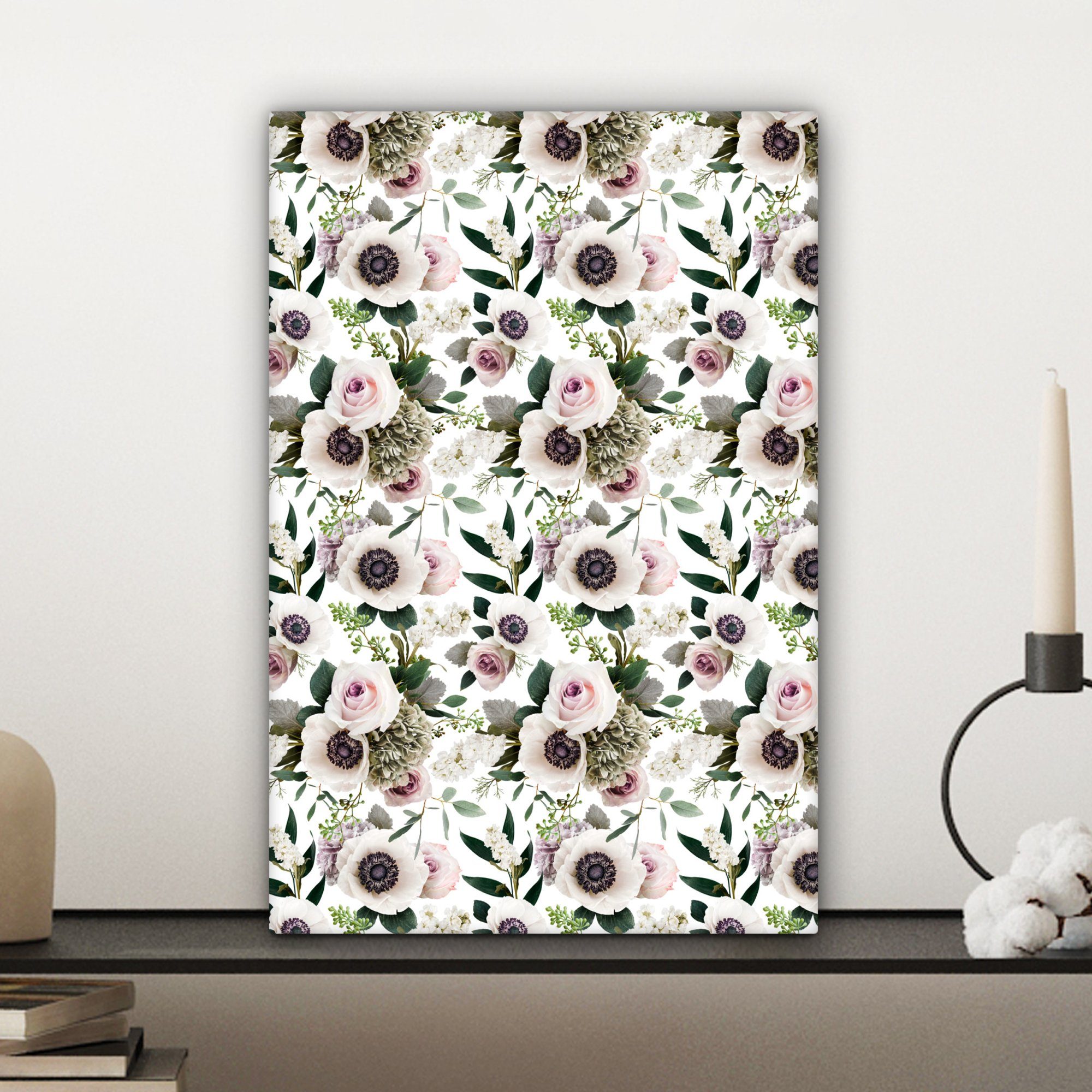 inkl. Rosen cm Leinwandbild (1 20x30 Blumen Zackenaufhänger, bespannt Gemälde, OneMillionCanvasses® fertig St), Leinwandbild - - Anemone,