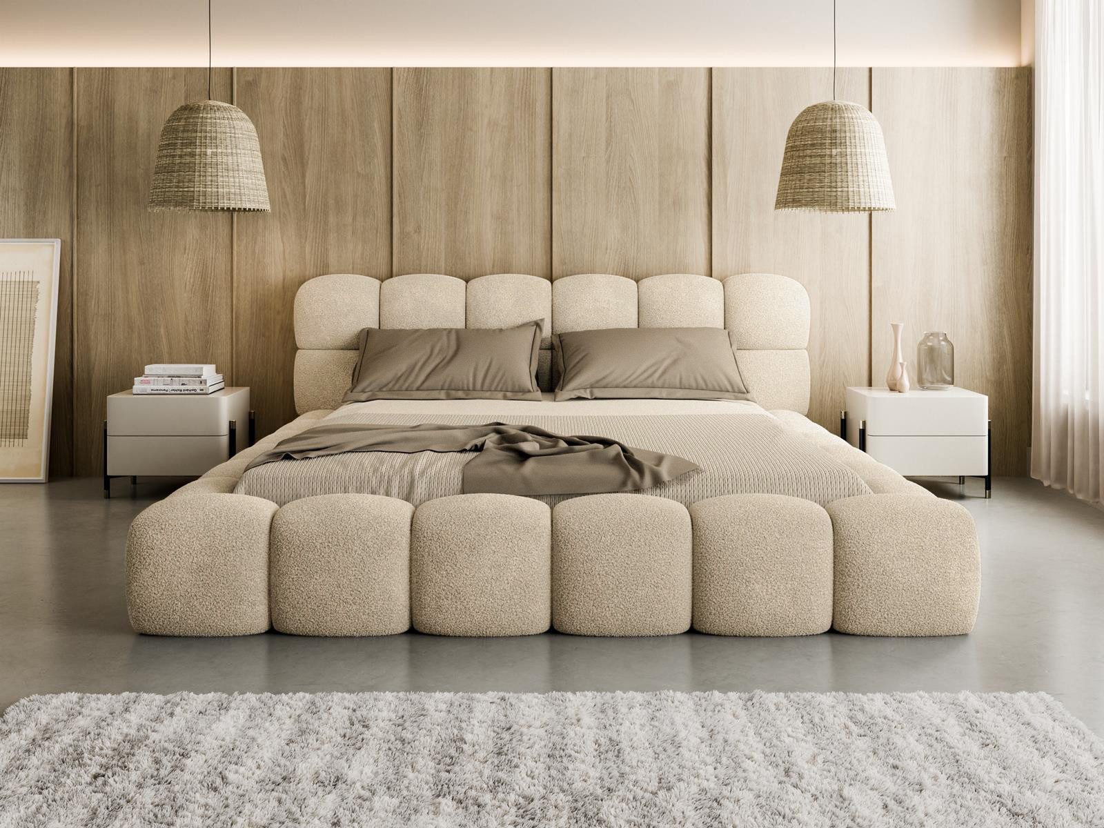 Compleo Polsterbett BUBBLE boucle Designerbett 140/160/180x200 BIZU, Wolkenbett, TOPSELLER Stauraumbett MADE IN EU