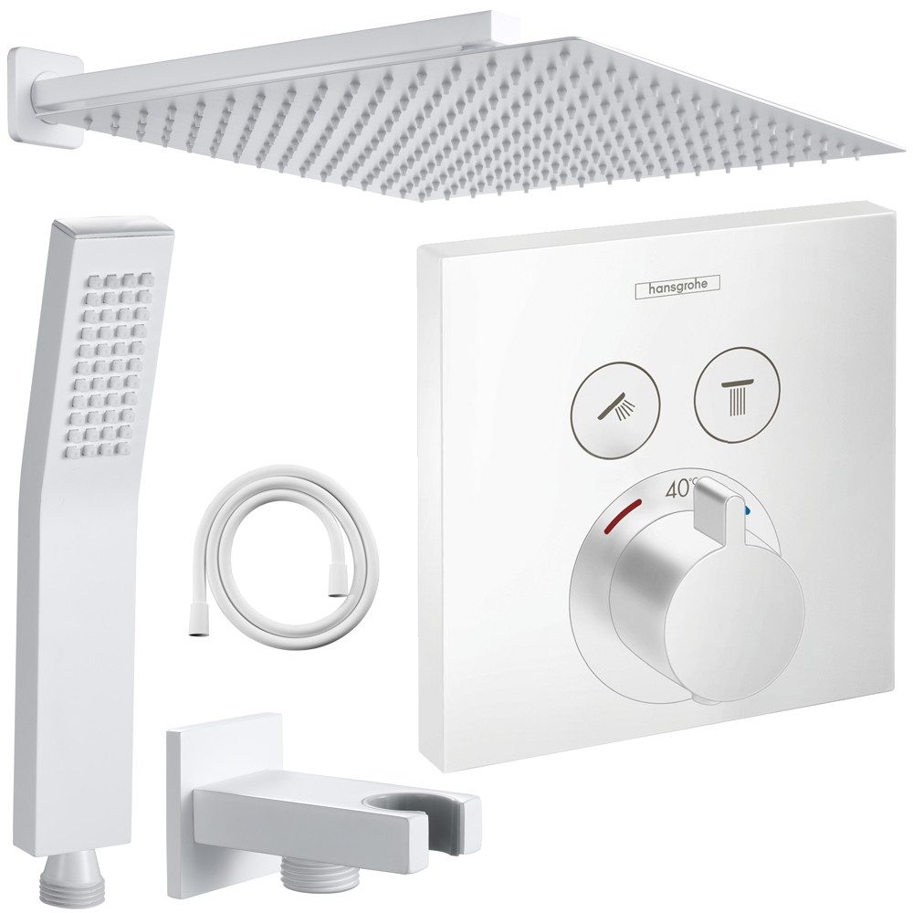 Hansgrohe und Jowi Duscharmatur ShowerSelect Unterputz Duscharmatur, Thermostat, Weiß, Regendusche (Unterputz-Duschsystem, Set) Mattweiß, Thermostat