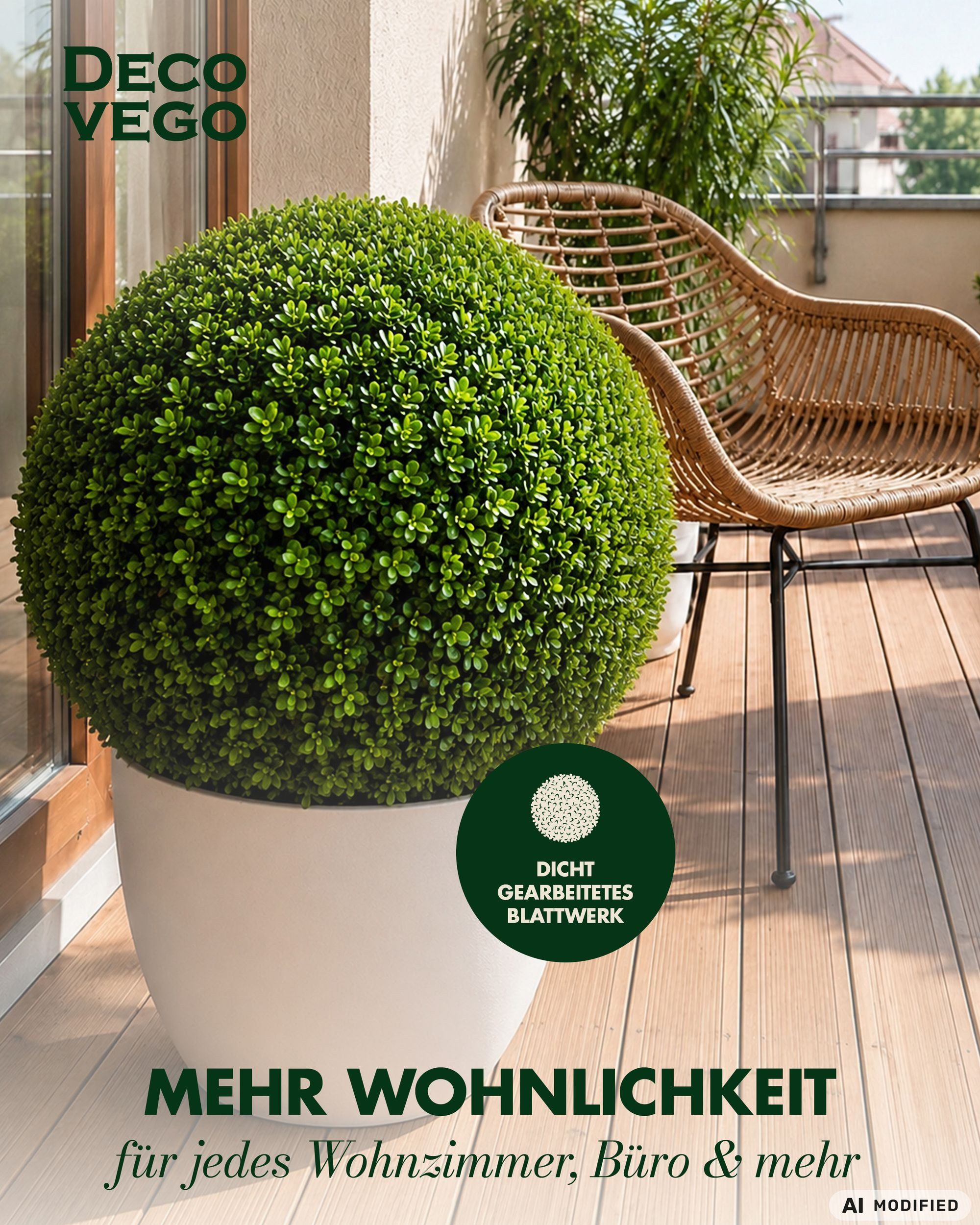 Kunstpflanze Deko Buchsbaum Künstlich Buchsbaumkugel Buchskugel 55 cm Kunstpflanze Buchsbaum, Decovego, Höhe 55 cm – Bild 3 von 5