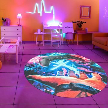 Teppich Gaming-Teppich mit lebendigen neon-farbigen Symbolen und Controller, TeppichHome24, rund