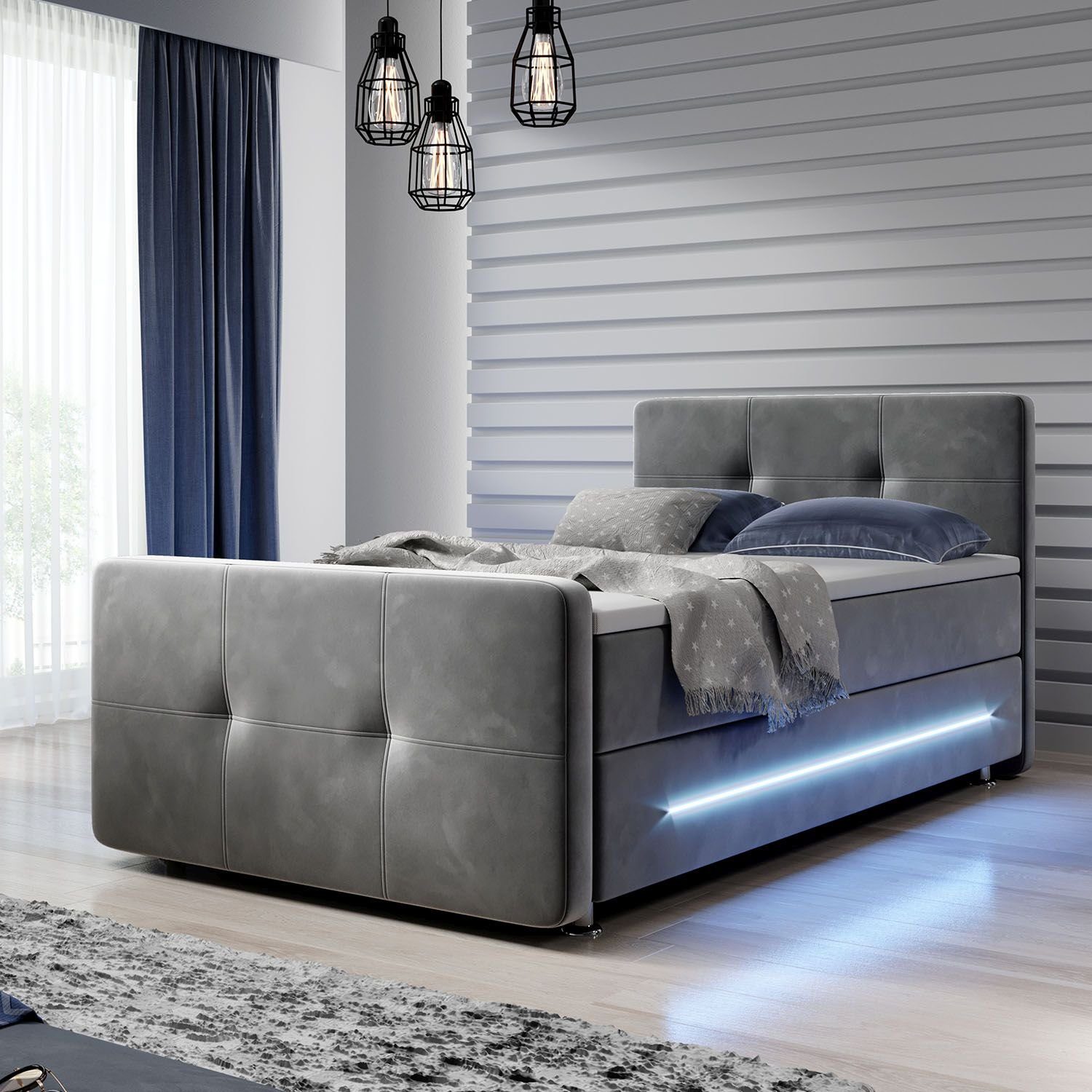 Juskys Boxspringbett Houston, 120x200 cm, Bonell-Federkernmatratzen, Topper, LED-Beleuchtung