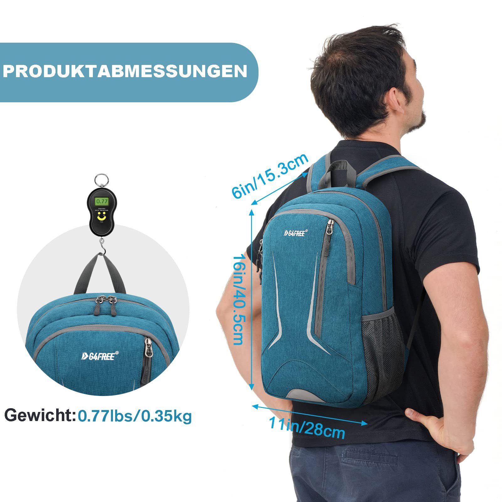 G4Free Schulrucksack, 16L Mini Blau Tagesrucksack Reise- Ultraleichter Wander